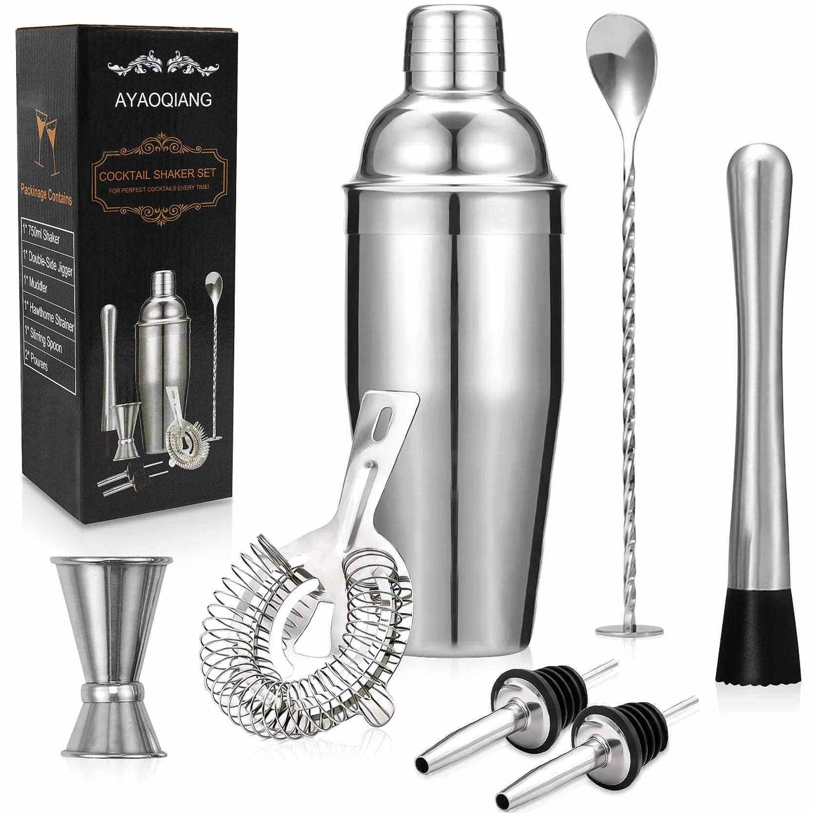 Juego de coctelera de Acero Inoxidable 750 ml 7 Piezas Barman con Doble Jigger