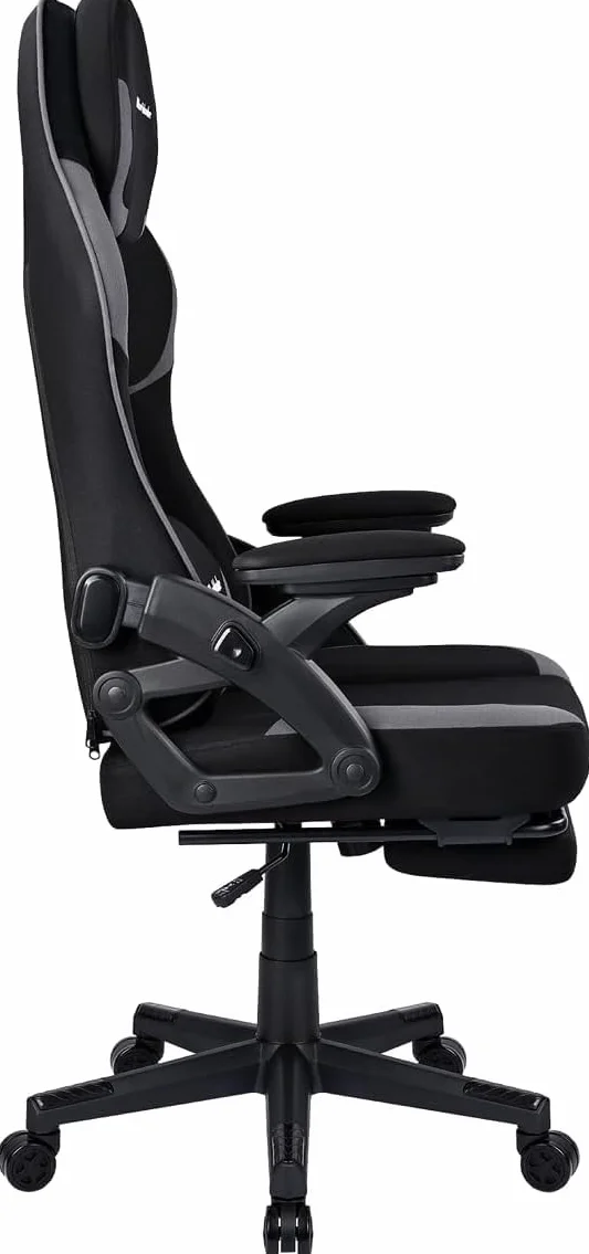 Silla Gamer Ergonómica de Tela Transpirable y Antimanchas, Reposabrazos Abatibles, con Reposapiés, Altura Regulable, Respaldo Abatible (Negro/Gris)
