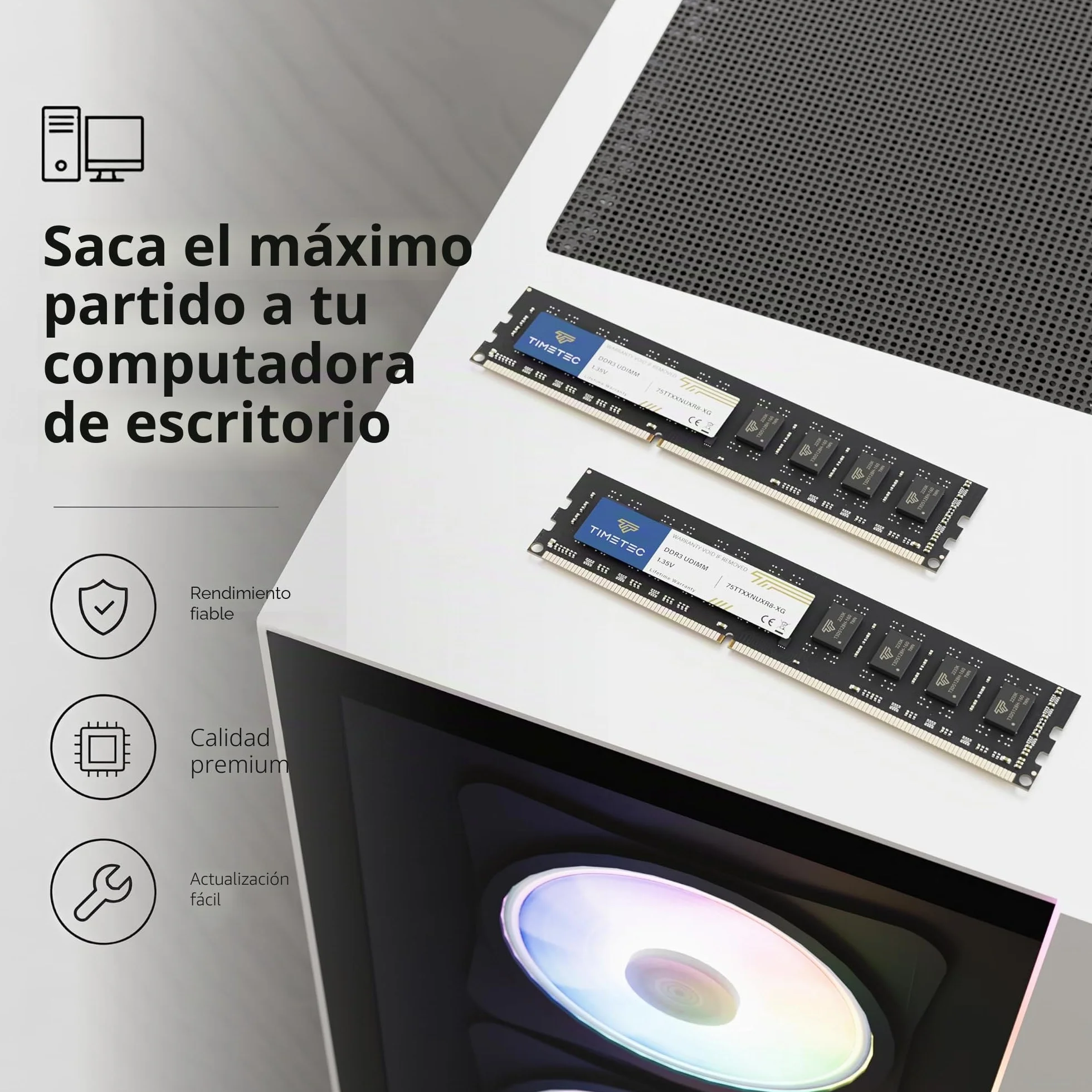 Timetec 8GB DDR3 / DDR3L 1333MHz PC3-10600 Non-ECC Unbuffered 1.5V / 1.35V CL9 2Rx8 Dual Rank 240 Pin UDIMM Memoria RAM Módulo para Actualizacion para PC Computadora de Escritorio