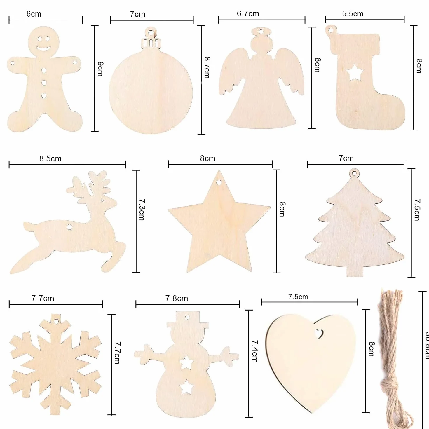 Adornos de madera para árbol de Navidad, 100 colgantes DIY con cuerda