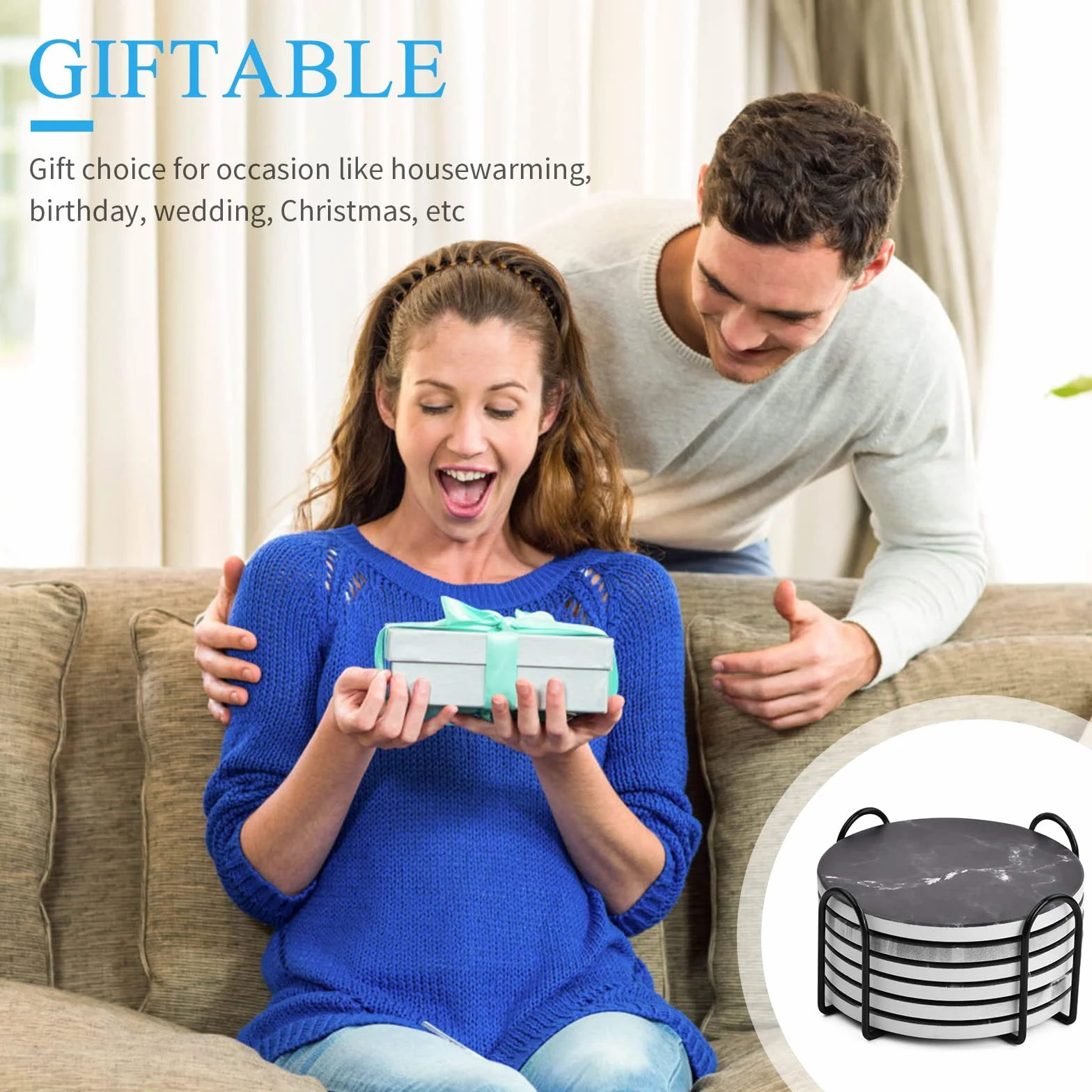 Posavasos Cerámicos Absorbentes con Soporte Set de 6 Base de Corcho Blanco