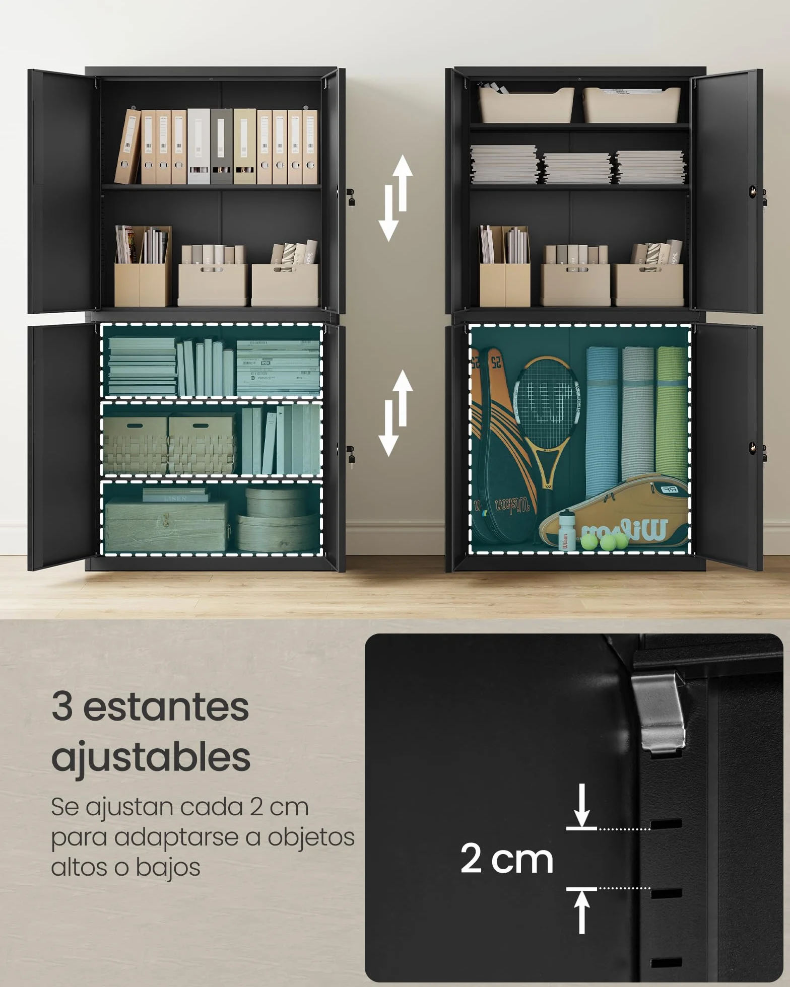 SONGMICS Armario de Garaje 5 Estantes 4 Puertas, Armario de Oficina, 40 x 80 x 180 cm, 2 Cerraduras, Estantes Ajustables, Gabinete de Metal, Negro Mate