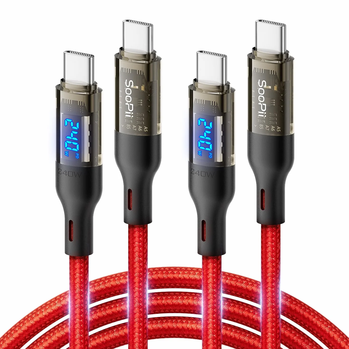 SOOPII Cable USB C a USB C [240 W 10 pies], cable USB C de carga rápida con pantalla LED para MacBook Pro, lPhone16/15/15Pro/15ProMax, Galaxy S23+/S23 Ultra/S22 Ultra, etc. Carcasa transparente (rojo