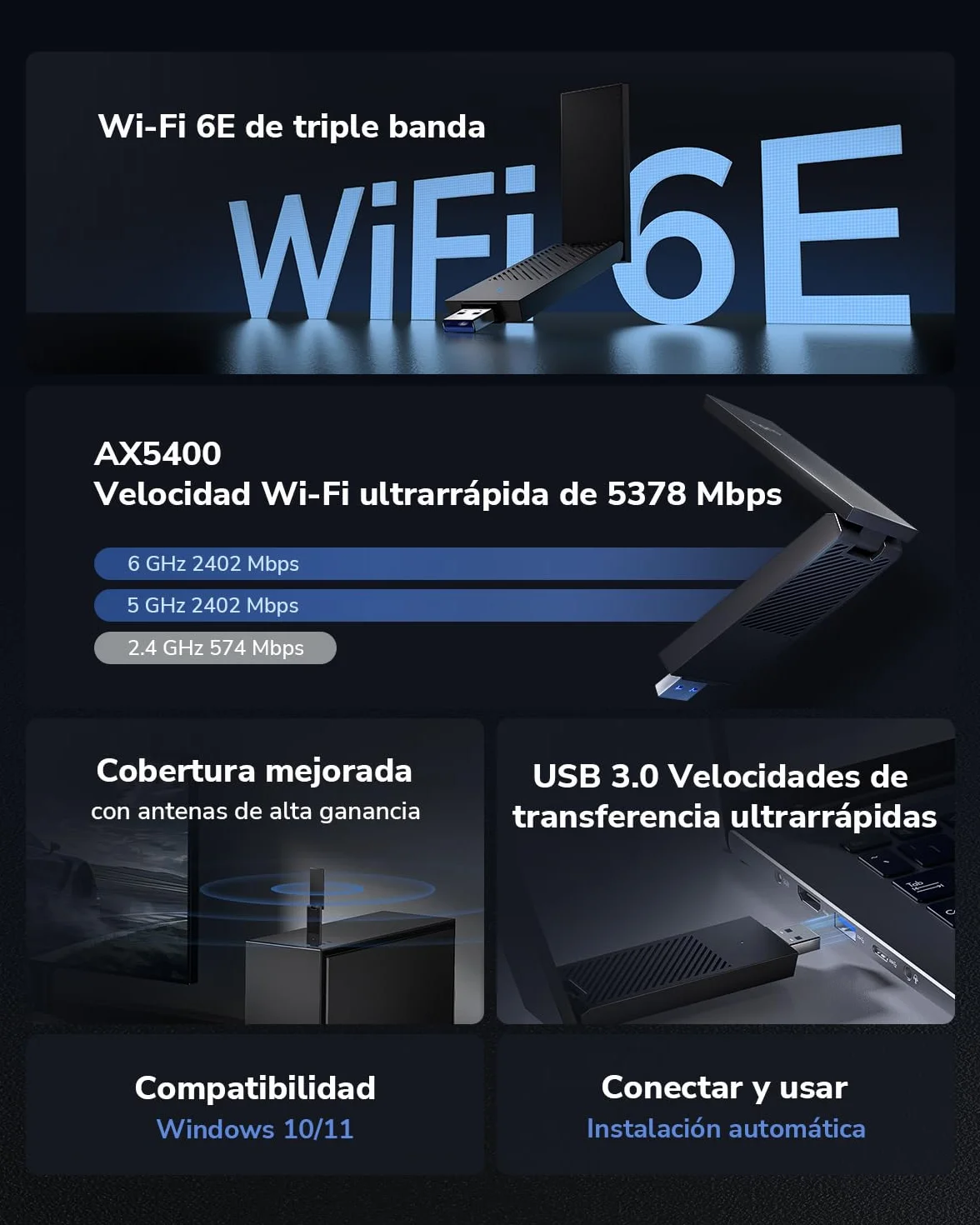 Cudy AXE5400 Adaptador Inalámbrico USB 3.0 de Triple banda Wi-Fi 6E WU5400 para PC, Compatible con Windows 11/10, Antenas de Alta Ganancia, 6 GHz, 1024-QAM, 160 MHz, WPA3