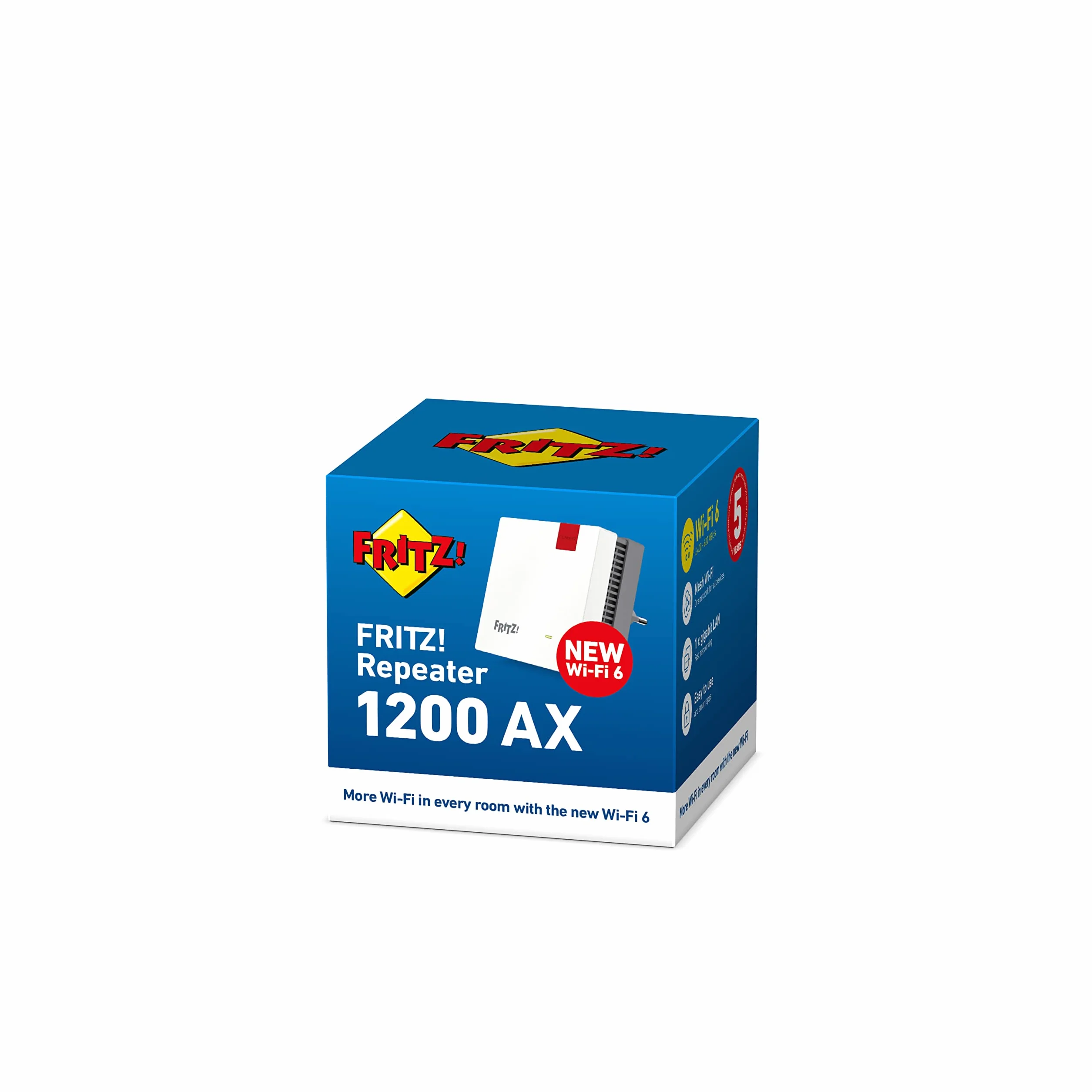 Fritz! Repeater 1200 AX International - Repetidor/Extensor Wi-Fi 6 (2.400 Mbps/5 GHz y 600Mbps/2,4 GHz), Mesh, 1 Puerto LAN Gigabit, WPS, Interfaz en Español