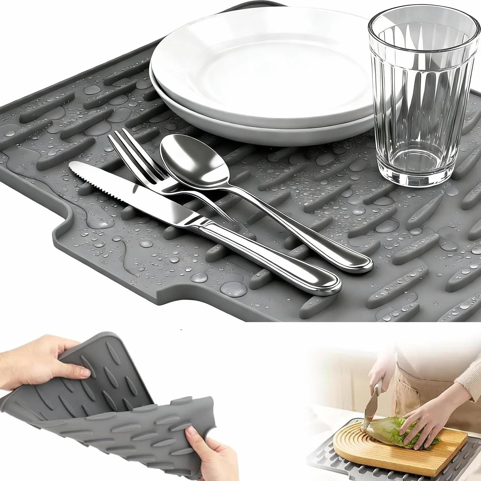 Alfombrilla de Goteo de Silicona 26x32cm, Antideslizante, Tapete de Secado Gris Claro