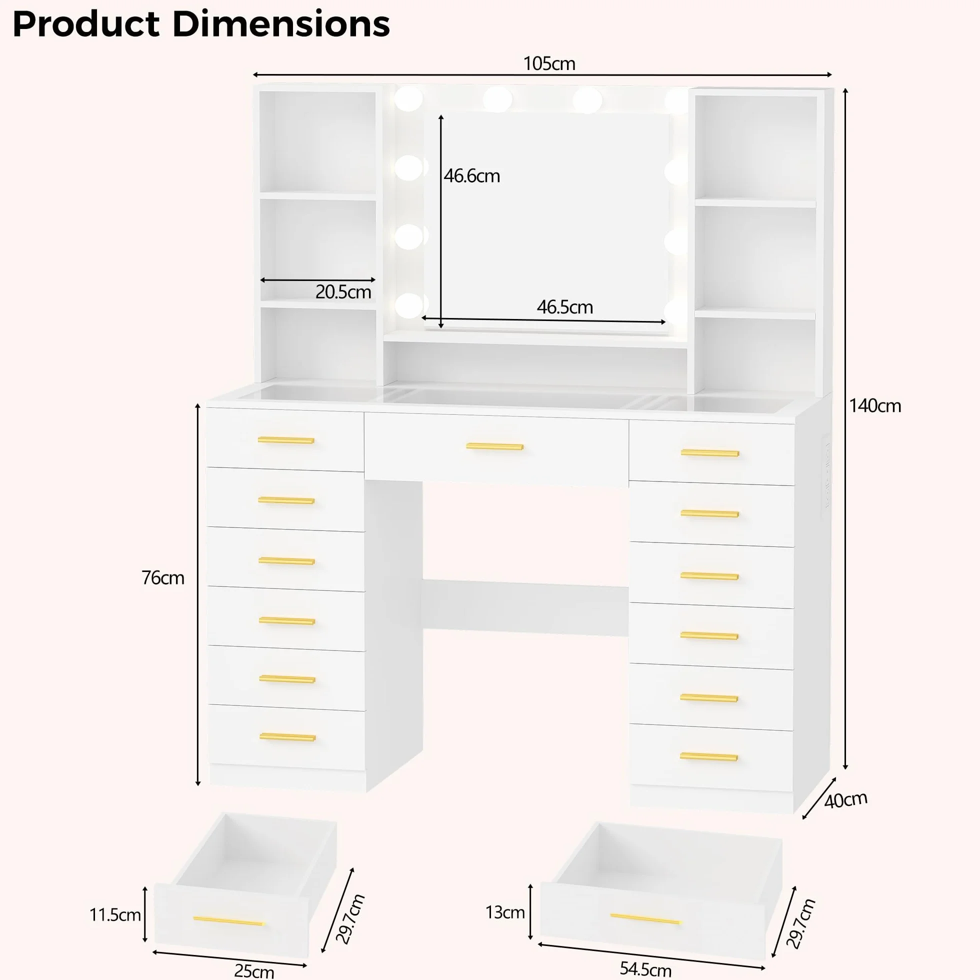 BEWISHOME Tocador de Maquillaje con Luces LED Regulables Mesa con Espejo 13 Cajones Blanco EFST61W