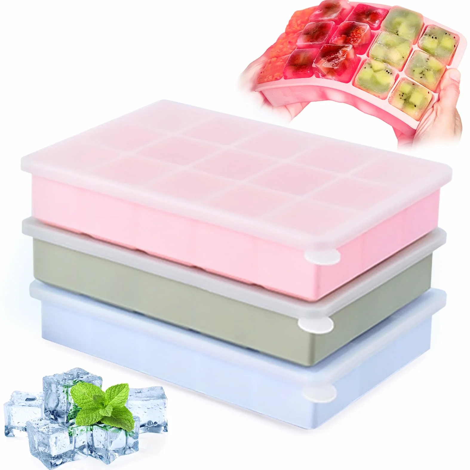 Cubiteras para Hielo con Tapa, Moldes de Silicona Apilable, sin BPA, 3 Piezas