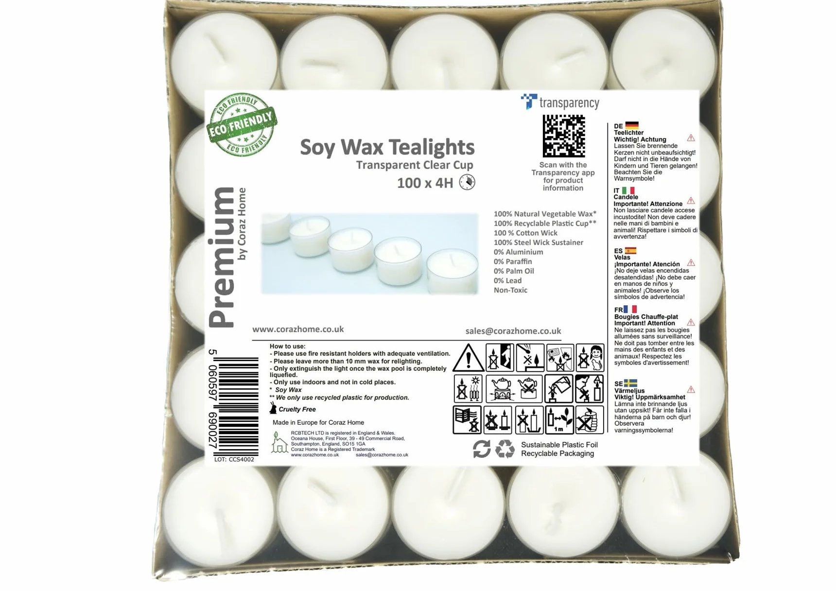 Velas de té naturales sin perfume hechas de velas de cera de soja con 4 u 7-8 horas de tiempo de combustión Candlelitas Sin parafina en un vaso transparente reciclable