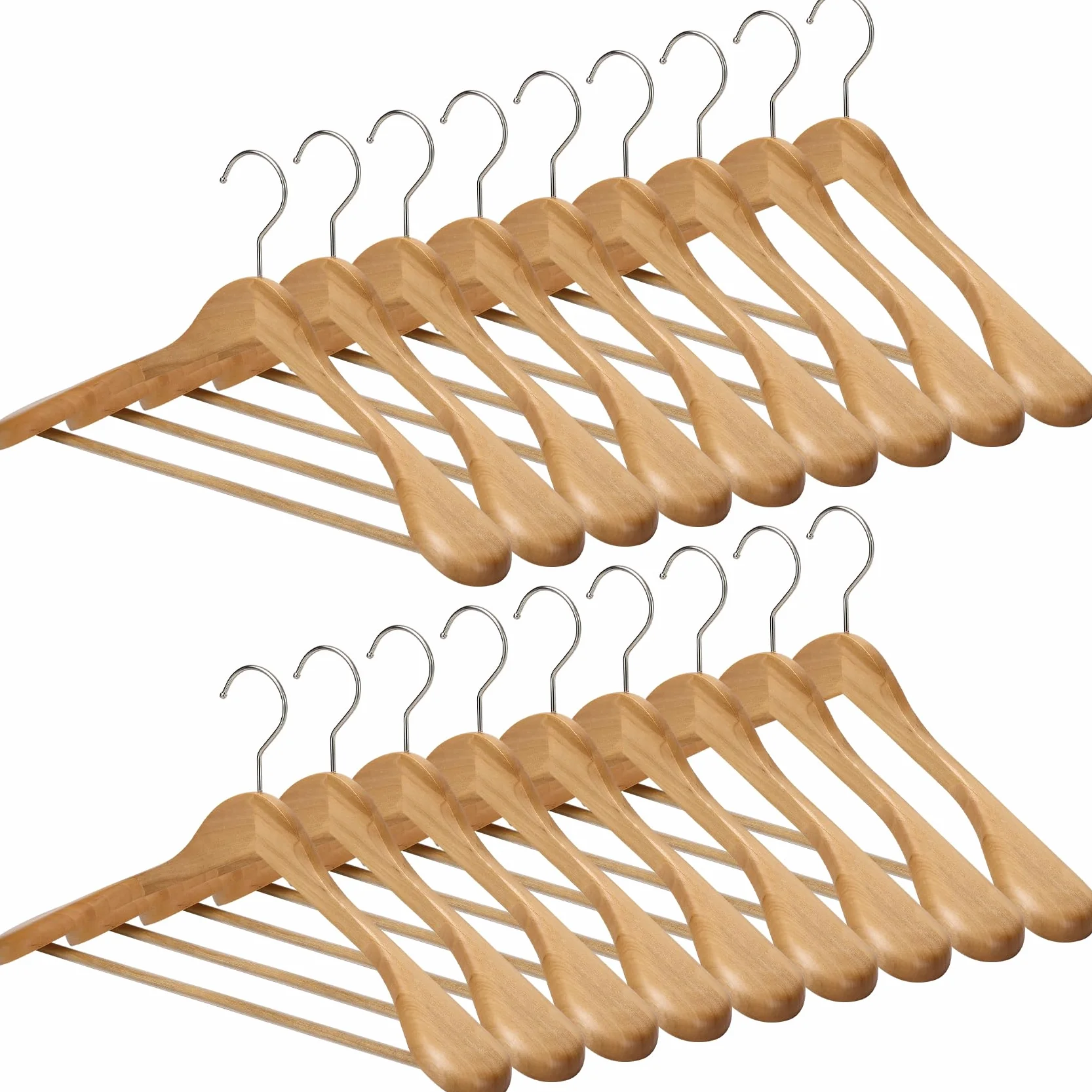Wooden Wide Clothes Hanger, Natural Wood, Non-Slip, Pack of 18, Extra Wide Shoulders, Trouser Bars, 45 x 23 x 5.5 cm