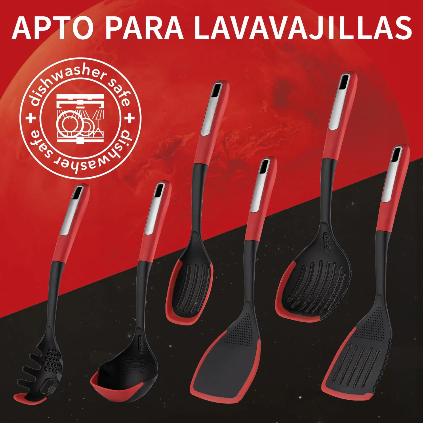 FLORINA Servidor Spaguettis de Silicona 33 cm Tenedor MARS Mango Soft-Touch Antideslizante Resistente al Calor Aptó para Lavavajillas Rojo-Negro