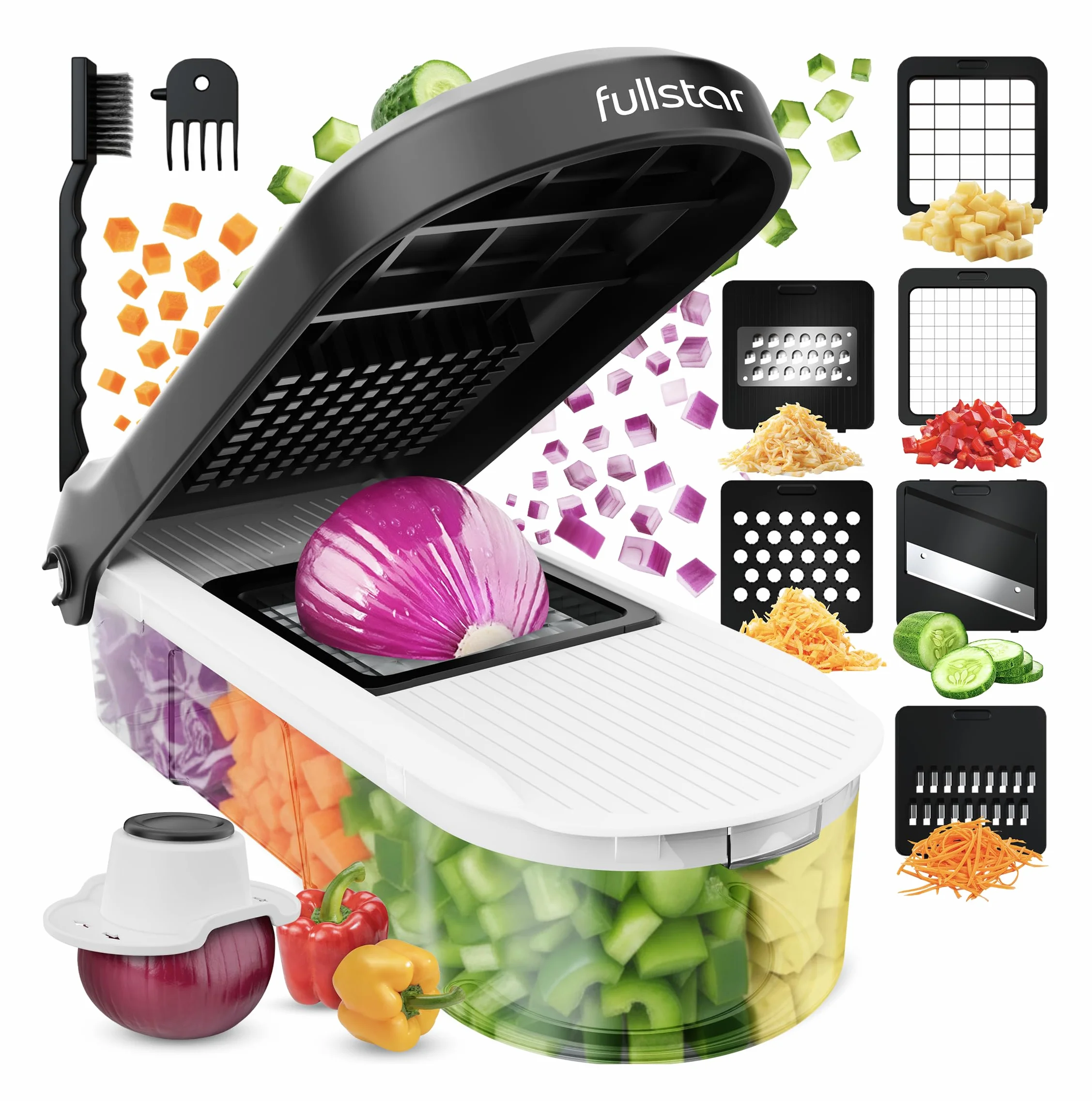 Fullstar Cortador de Verdura Mandolina Profesional 6-en-1 Blanco - Rallador Picadora Manual para Cebolla Pepino Patatas Queso