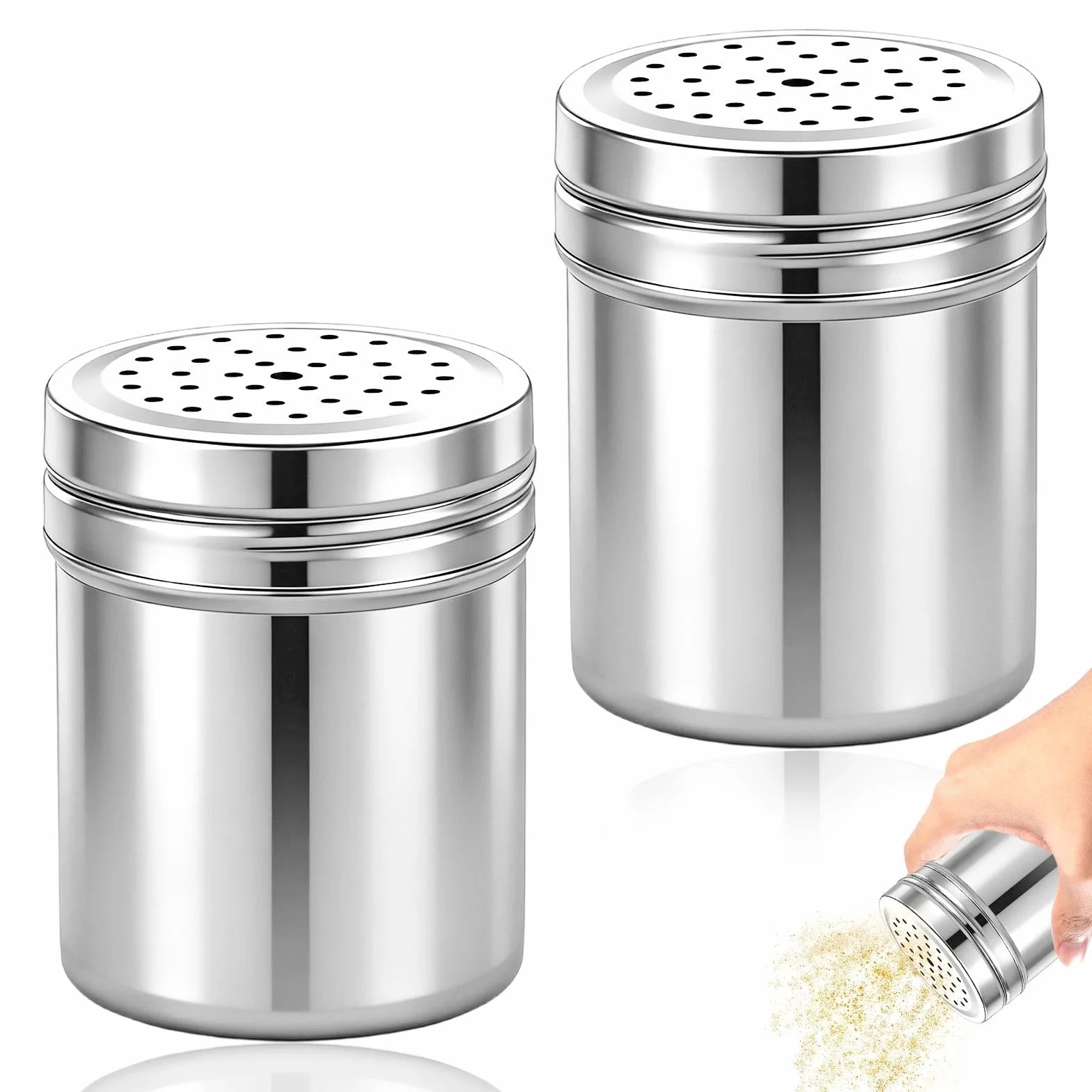 2 Piezas Tanque de Almacenamiento Metal Pimentero, Agitador de Especias Grande, Dispensador de Condimentos Acero Inoxidable Plateadas, Diseño de Orificio Completo, para Sal, Canela, Pimentón