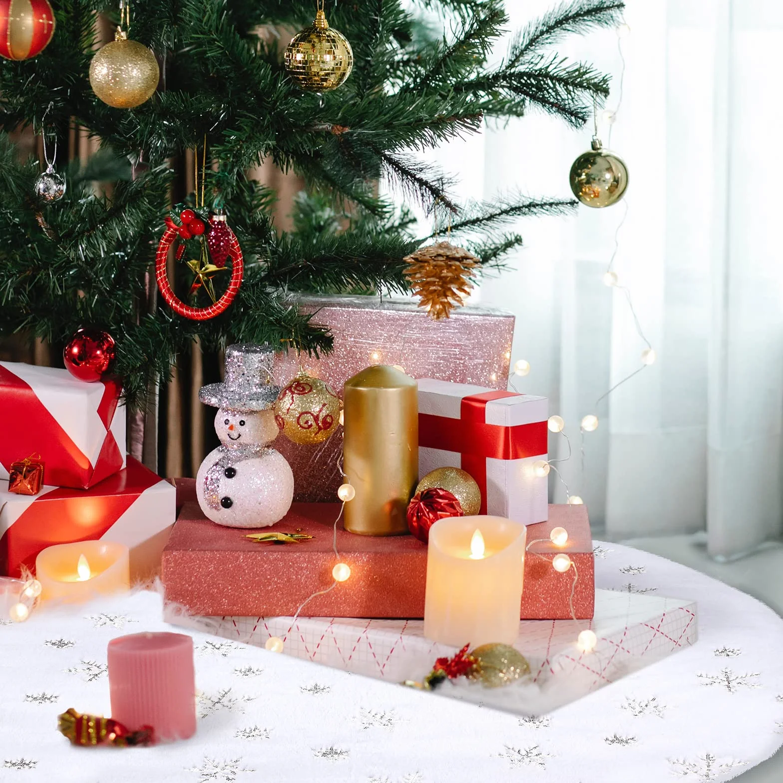 Falda Árbol de Navidad Blanco 78 CM Redondo Tapete Decoración Alfombra Manta Plata