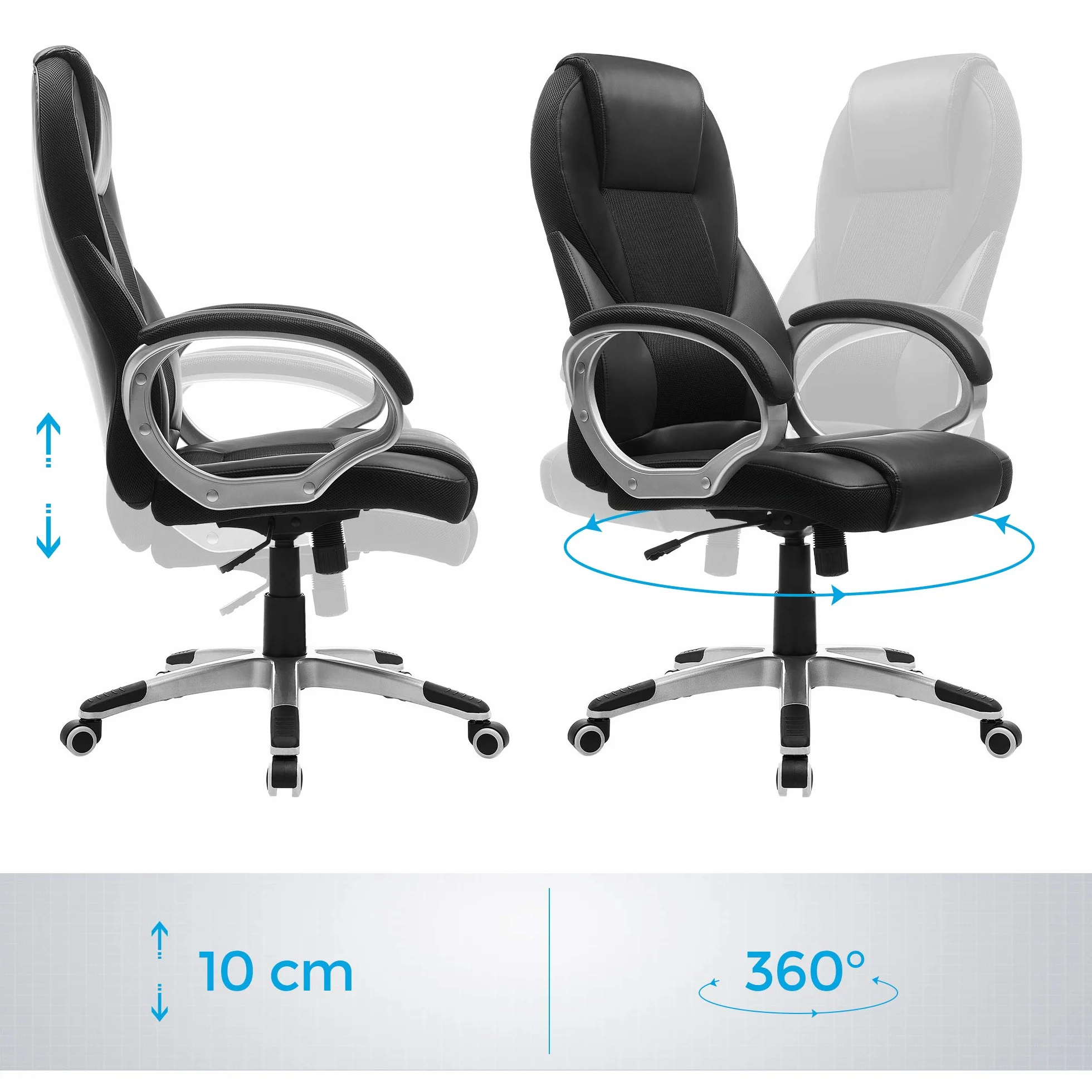 SONGMICS Silla de Oficina Ergonómica Giratoria con Ruedas Altura Ajustable OBG22B Negro Tinta
