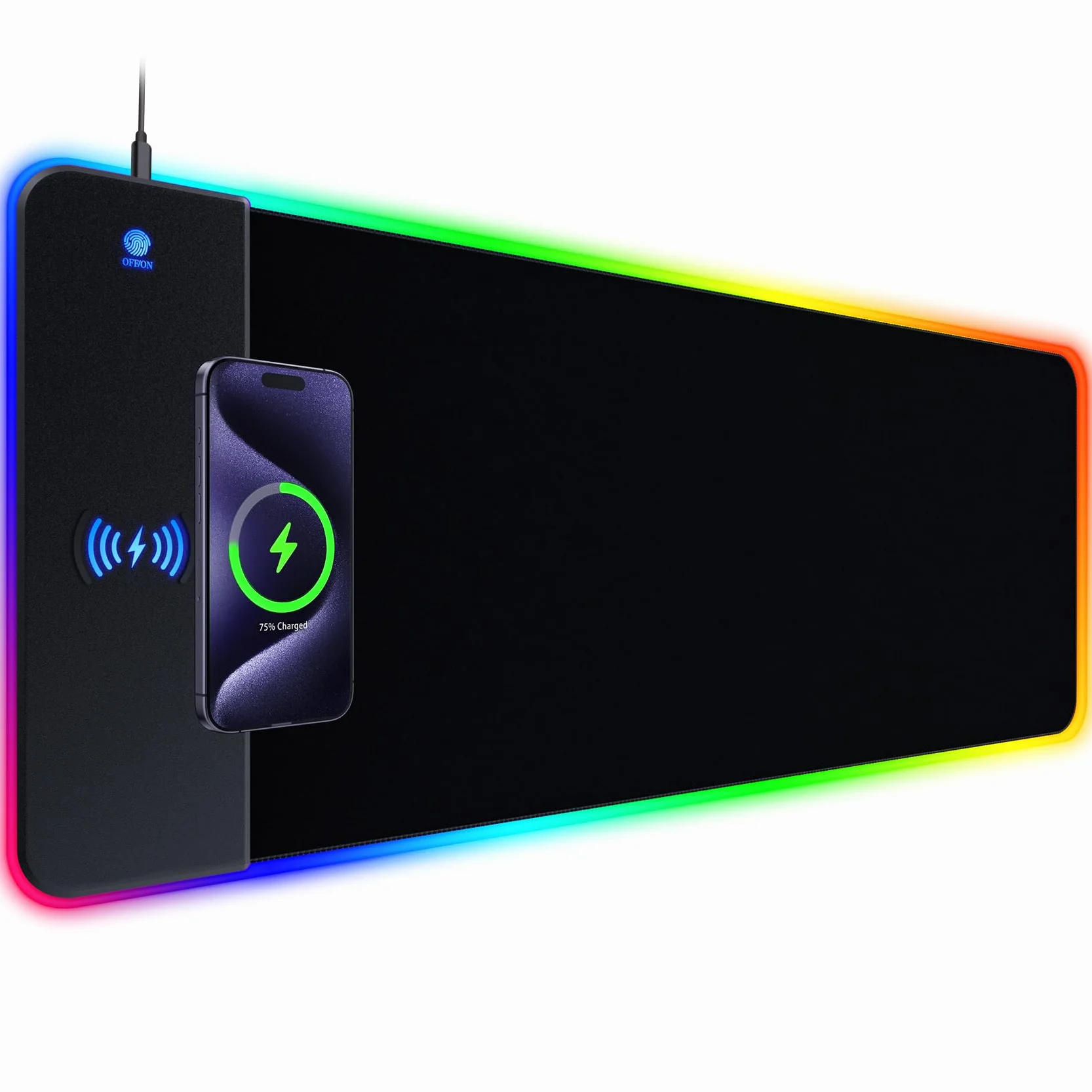 Alfombrilla de mouse RGB para juegos con carga inalámbrica de 15 W, alfombrilla de escritorio LED grande con 14 modos de luz, alfombrilla de mouse XXL, alfombrilla de mouse ergonómica con base de goma