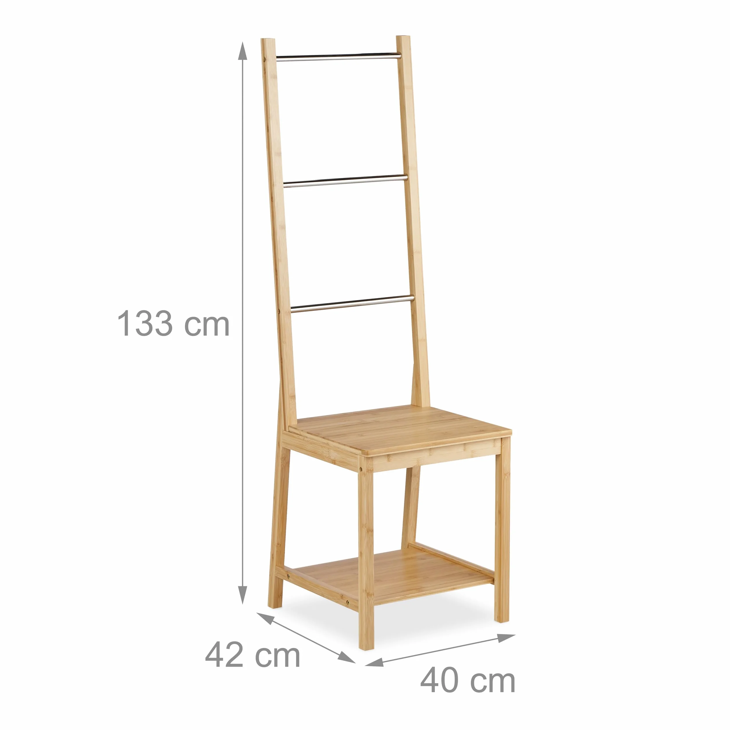 Relaxdays Galán de Noche con Balda Bambú Acero Inoxidable 133x40x42cm Silla Perchero Soporte Toallas