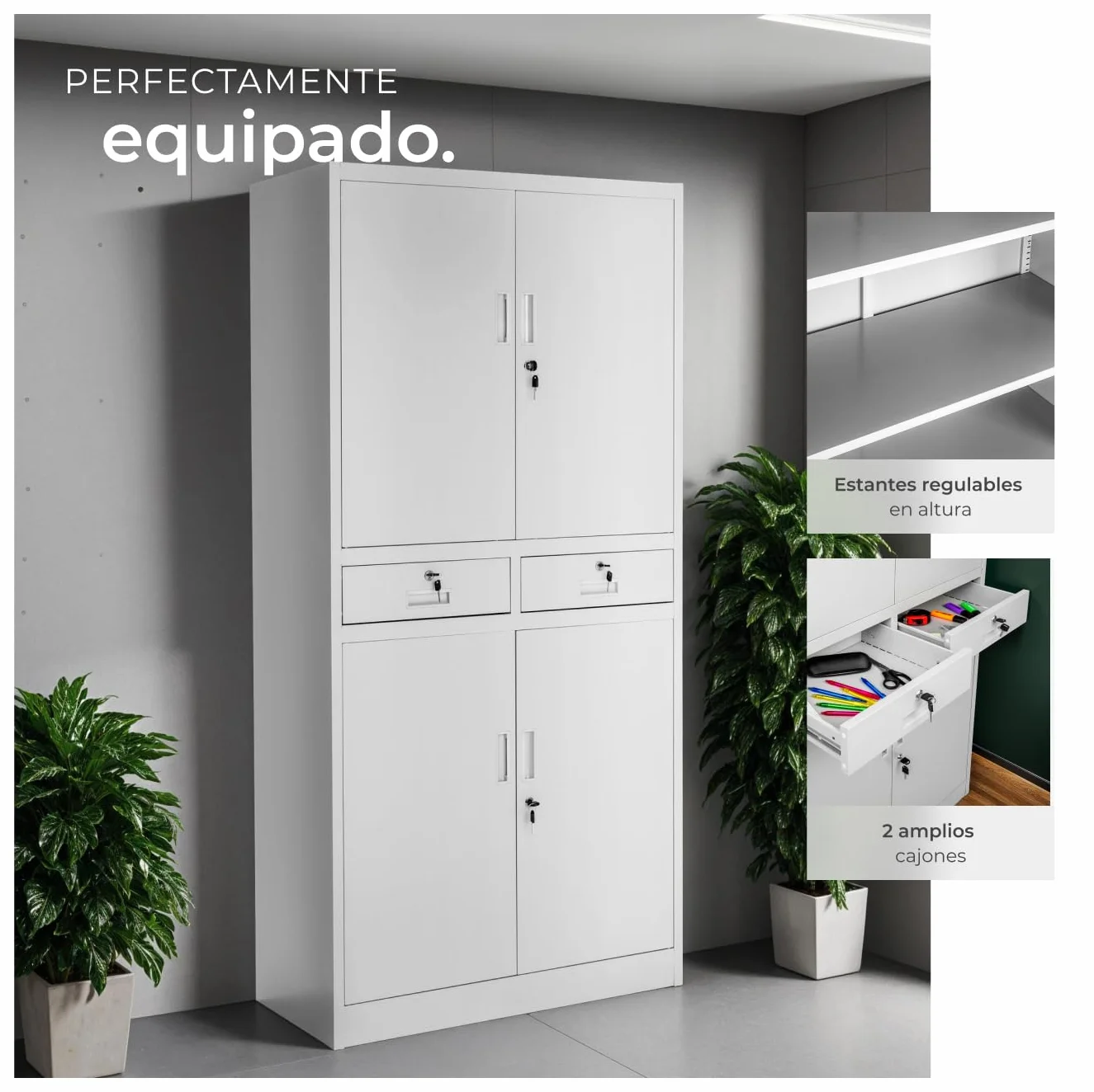 Armario Archivador Oficina Acero 180x80x40 cm Gris Claro 4 Puertas 2 Cajones 3 Estantes Ajustables