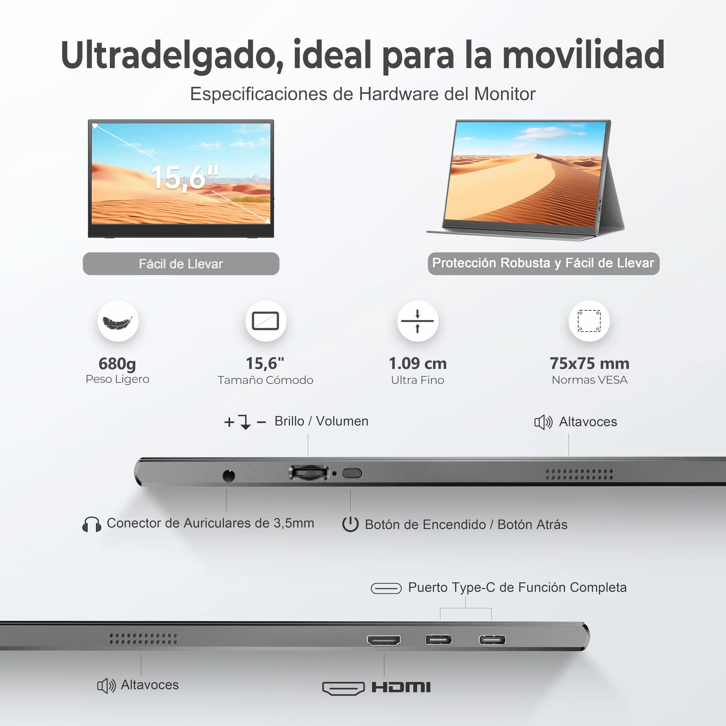 Monitor Portátil 15,6" Full HD IPS 1080P Mate, Ultra Ligero, HDMI/USB-C, VESA