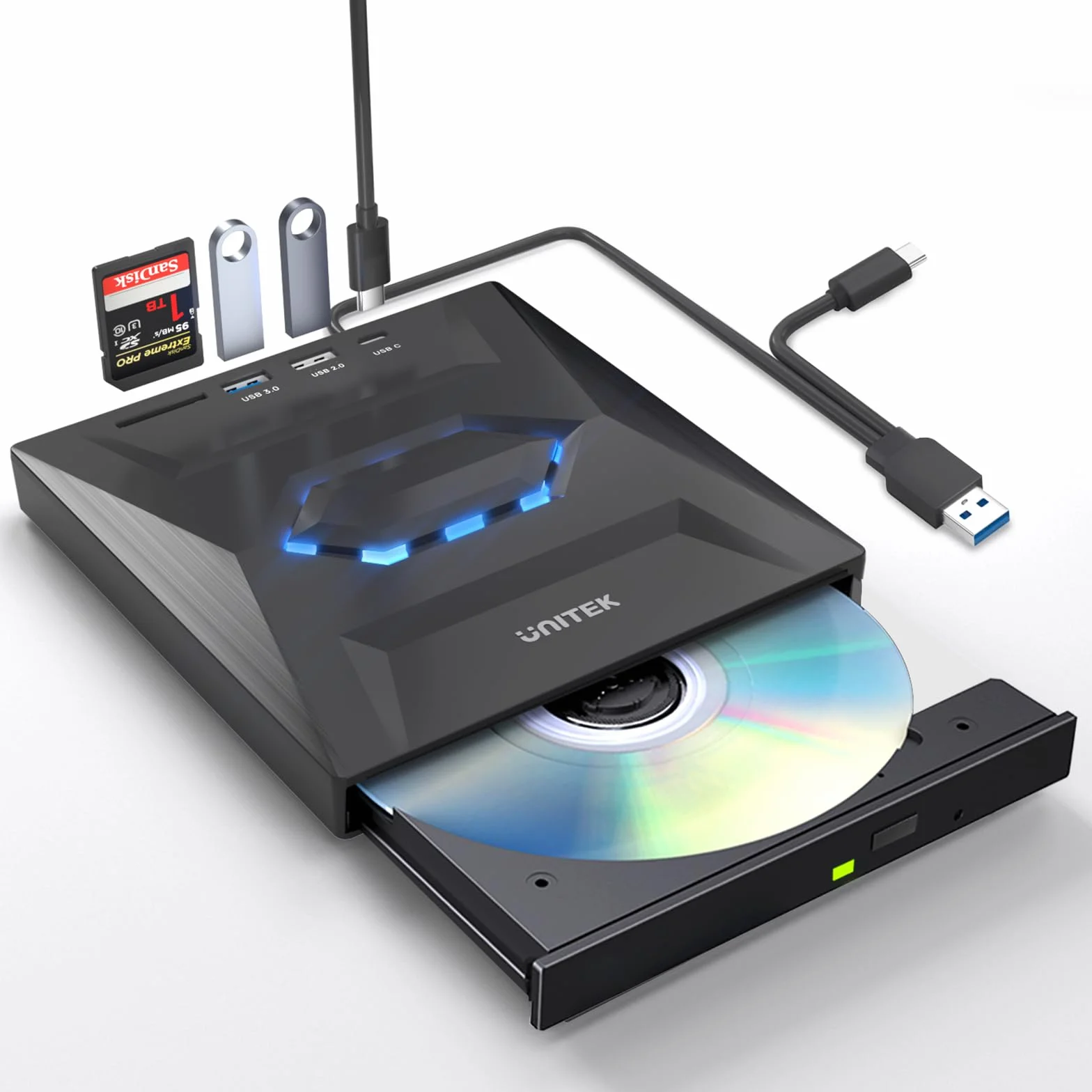 Unitek Unidad externa de CD y DVD,USB C portátil CD/DVD +/-RW,reproductor de DVD con lector de tarjetas SD,USB 3.0, USB C,grabadora de CD ROM compatible con laptop,PC,Windows,Linux,OS, Surface (Negro)