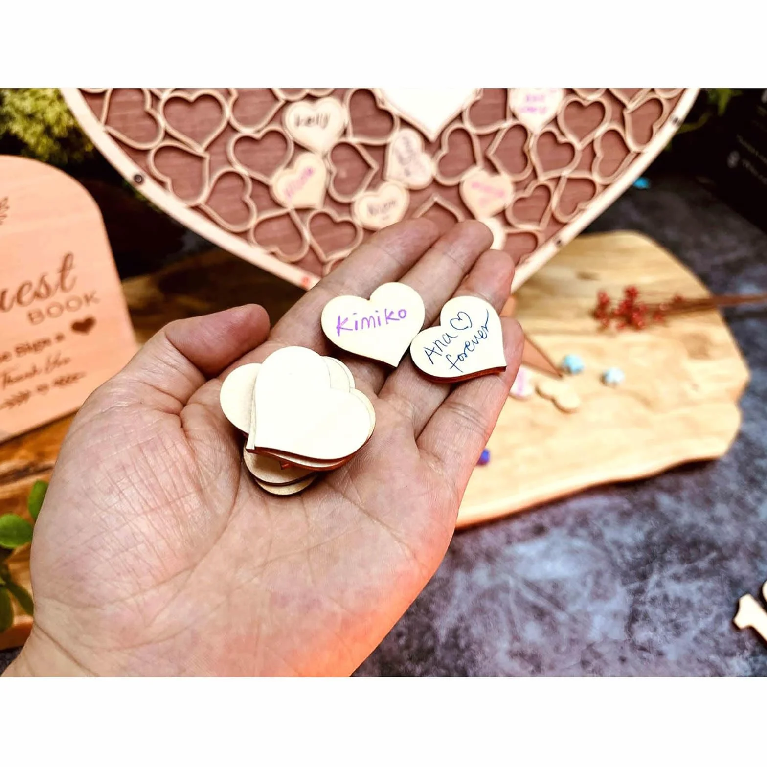 Libro de Firmas de Boda Corazón Madera, Decoración Alternativa con 83 Corazones y Bolígrafos