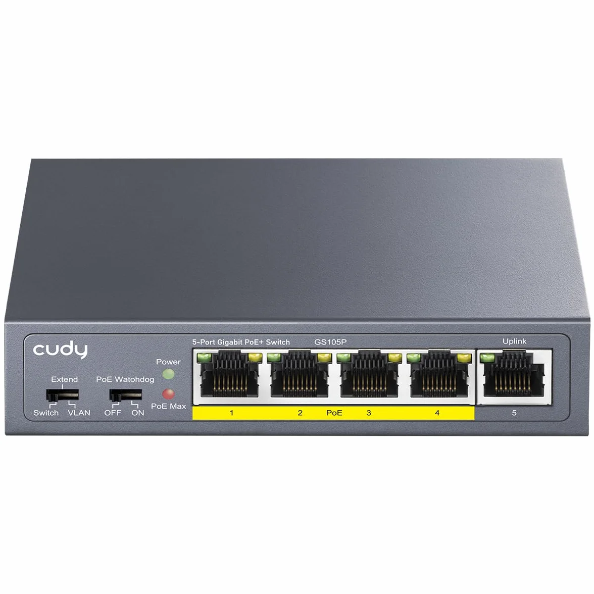 Cudy GS105P - Interruptor PoE Gigabit de 5 Puertos, 4 PoE+ 36 W, Montaje en Escritorio/Pared, Plug and Play, Puertos de Metal Resistente/Blindados, Optimización del Tráfico