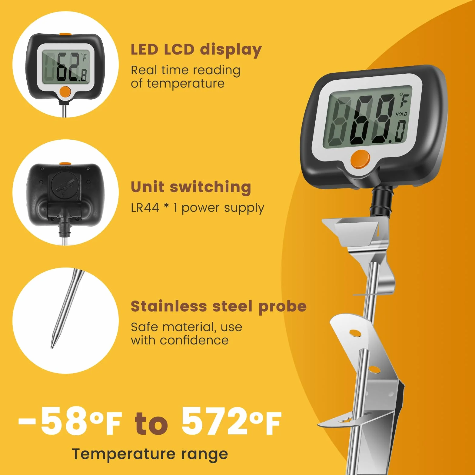 Termómetro de azúcar digital con sonda de acero inoxidable y pantalla LCD giratoria 180°