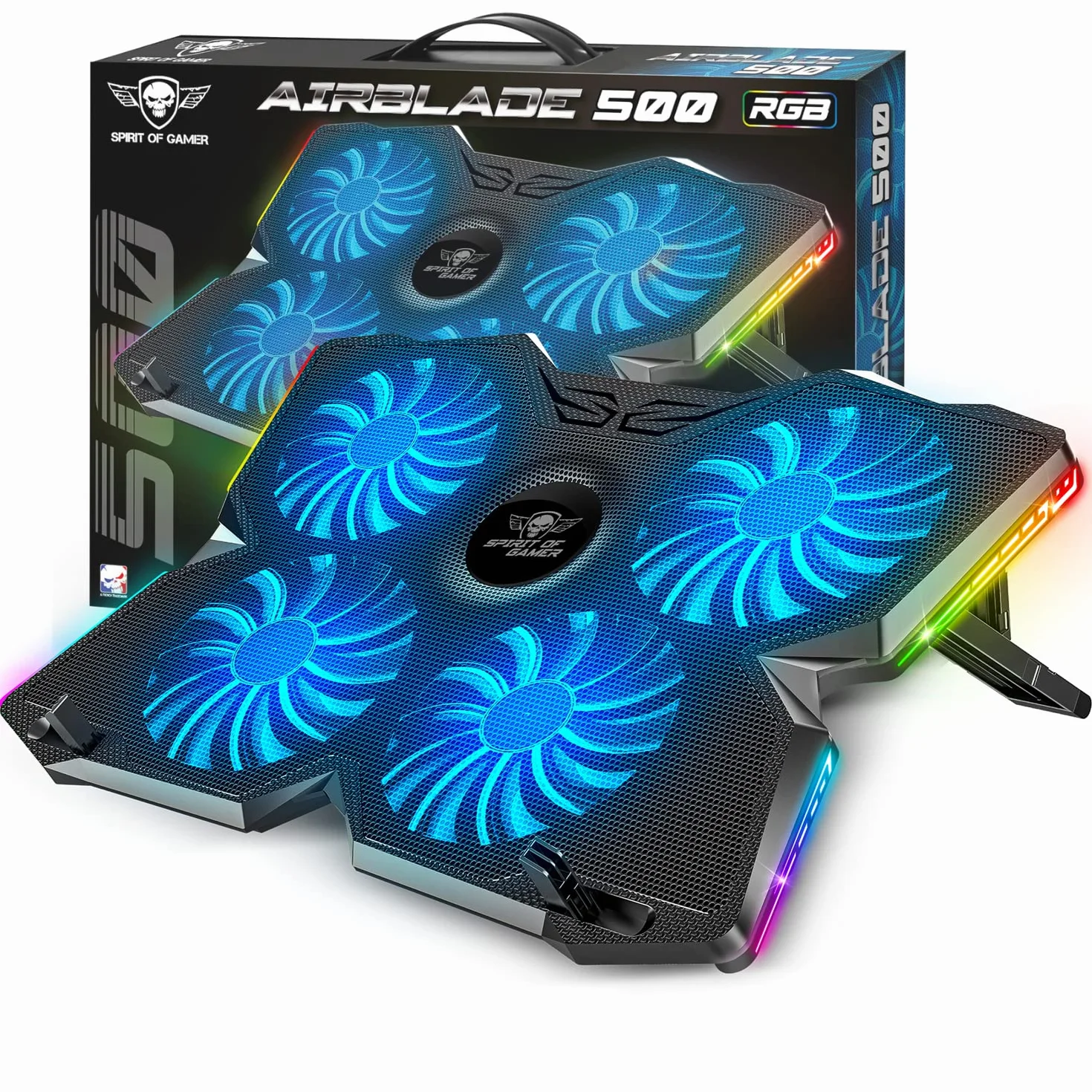 Spirit of Gamer, Base Refrigeradora Portatil de 10" a 17", 4 Ventiladores Silenciosos, Compatible con PS5, PS4, Xbox y PC, Placa de Enfriamiento Retroiluminada RGB, Soporte Ventilador Portatil