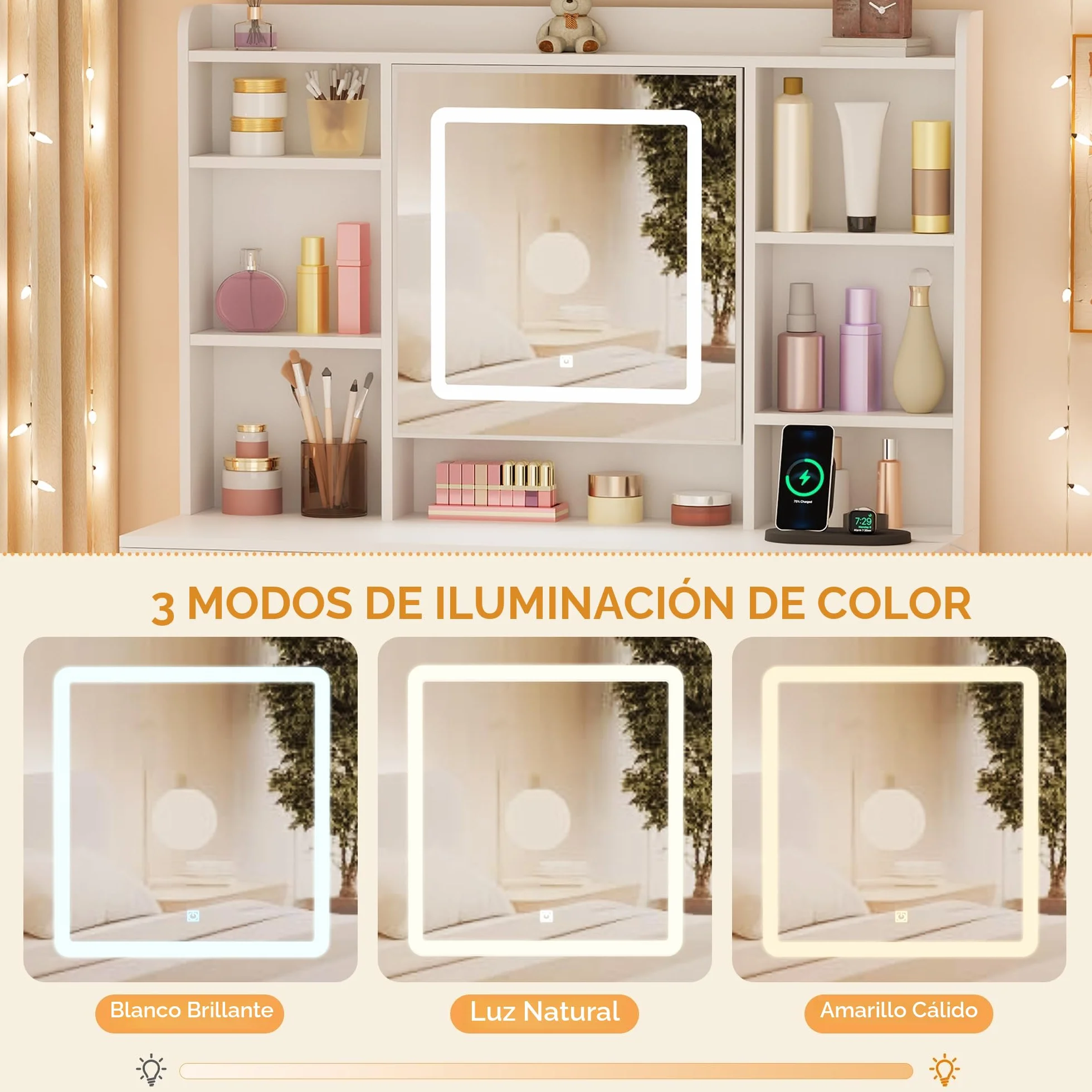 BEWISHOME Tocador de Maquillaje con Espejo LED, Brillo Ajustable, Mesa con Enchufes y Taburete, 9 Cajones, Blanco EFST36W
