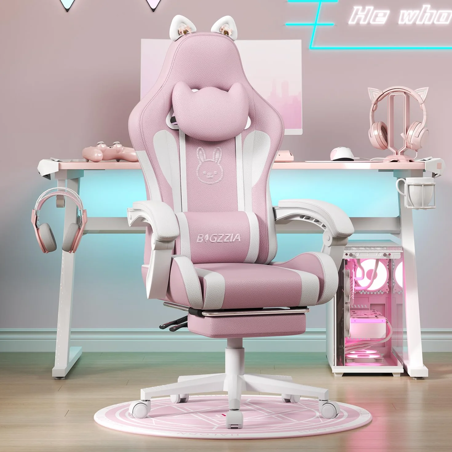 bigzzia Silla Gaming Ergonómica con Orejas de Gato Ajustable Altura Reposacabezas Soporte Lumbar Masaje Blanco Rosado