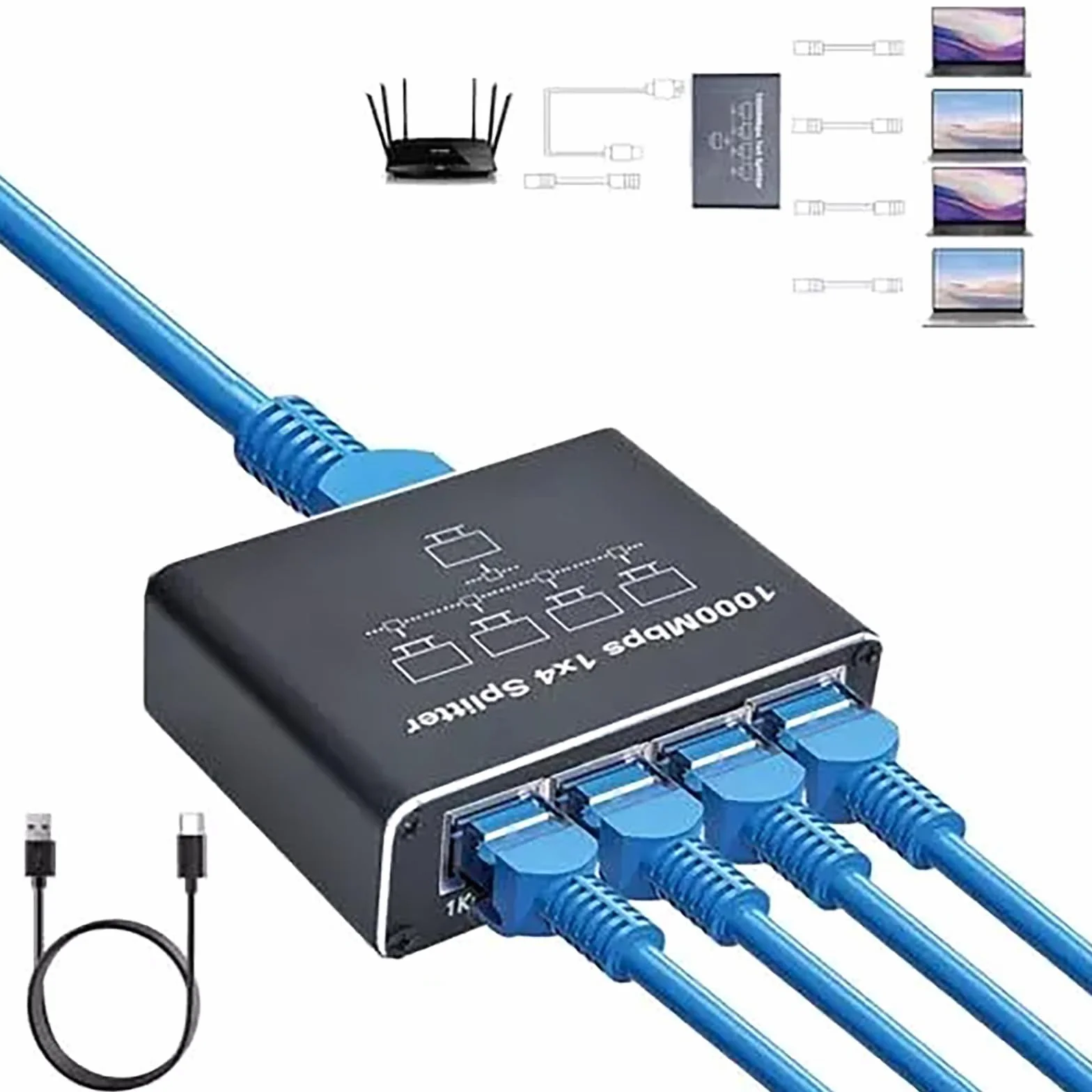 Divisor Ethernet de 1 a 4 de alta velocidad de 1000 Mbps, conmutador Ethernet con cable de alimentación, conmutador de red para cables Cat5/5e/6/7/8 Hub Ethernet (4 dispositivos conectados a la red al