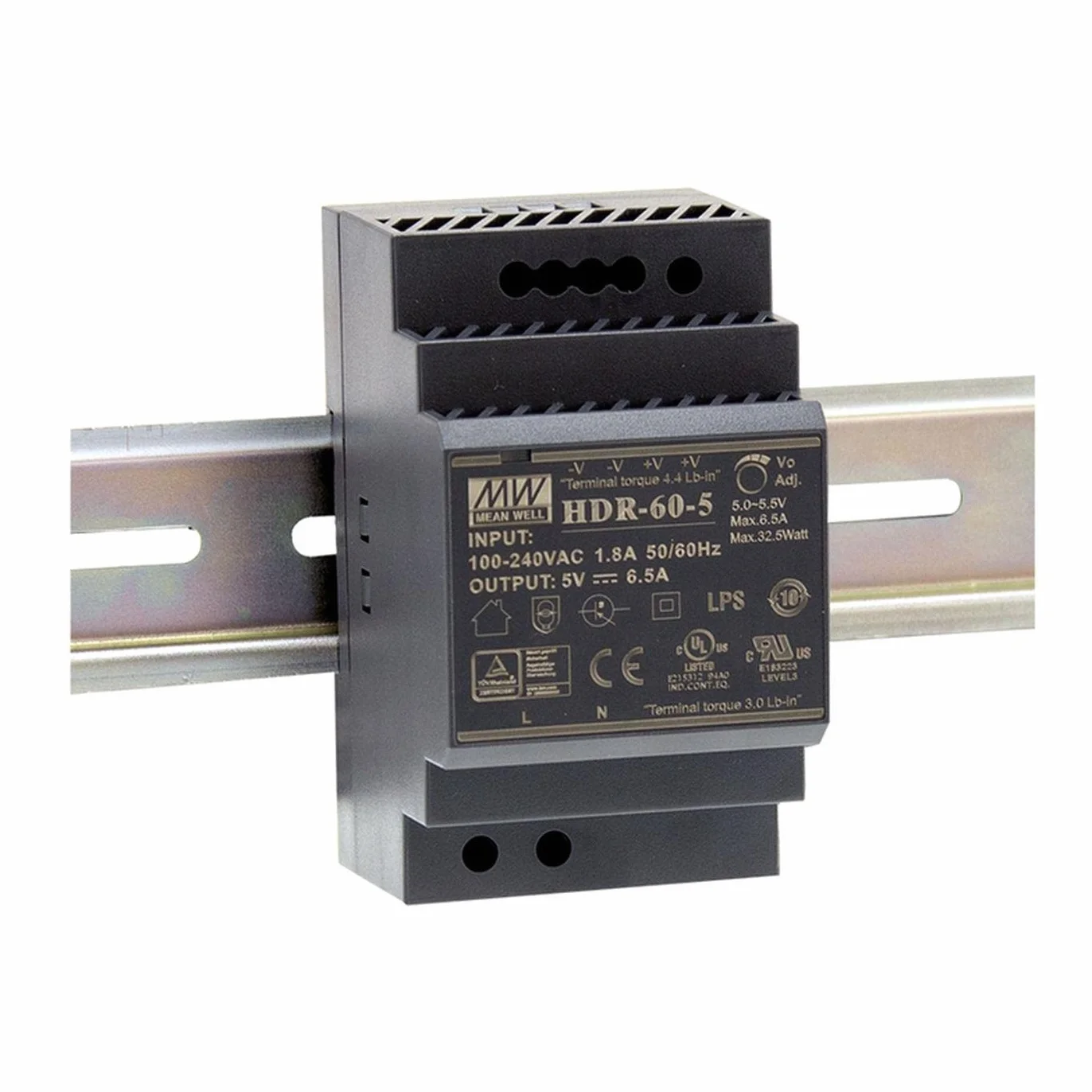 MeanWell HDR-60-5 32W 5V 6,5A Alimentación de Din Rail DIN-RAIL