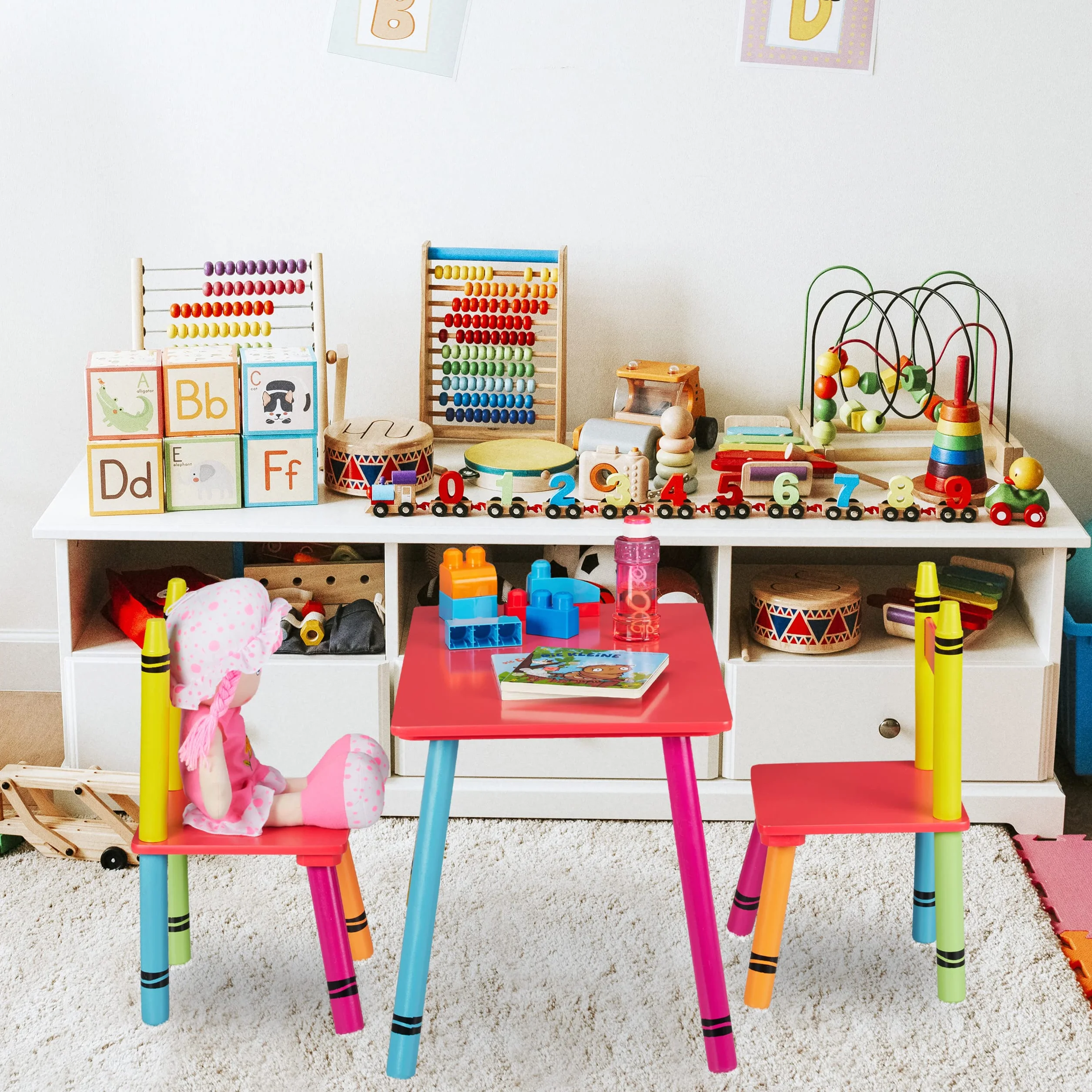 Relaxdays Mesa y Sillas Infantiles Crayones 2 Asientos MDF Madera Multicolor