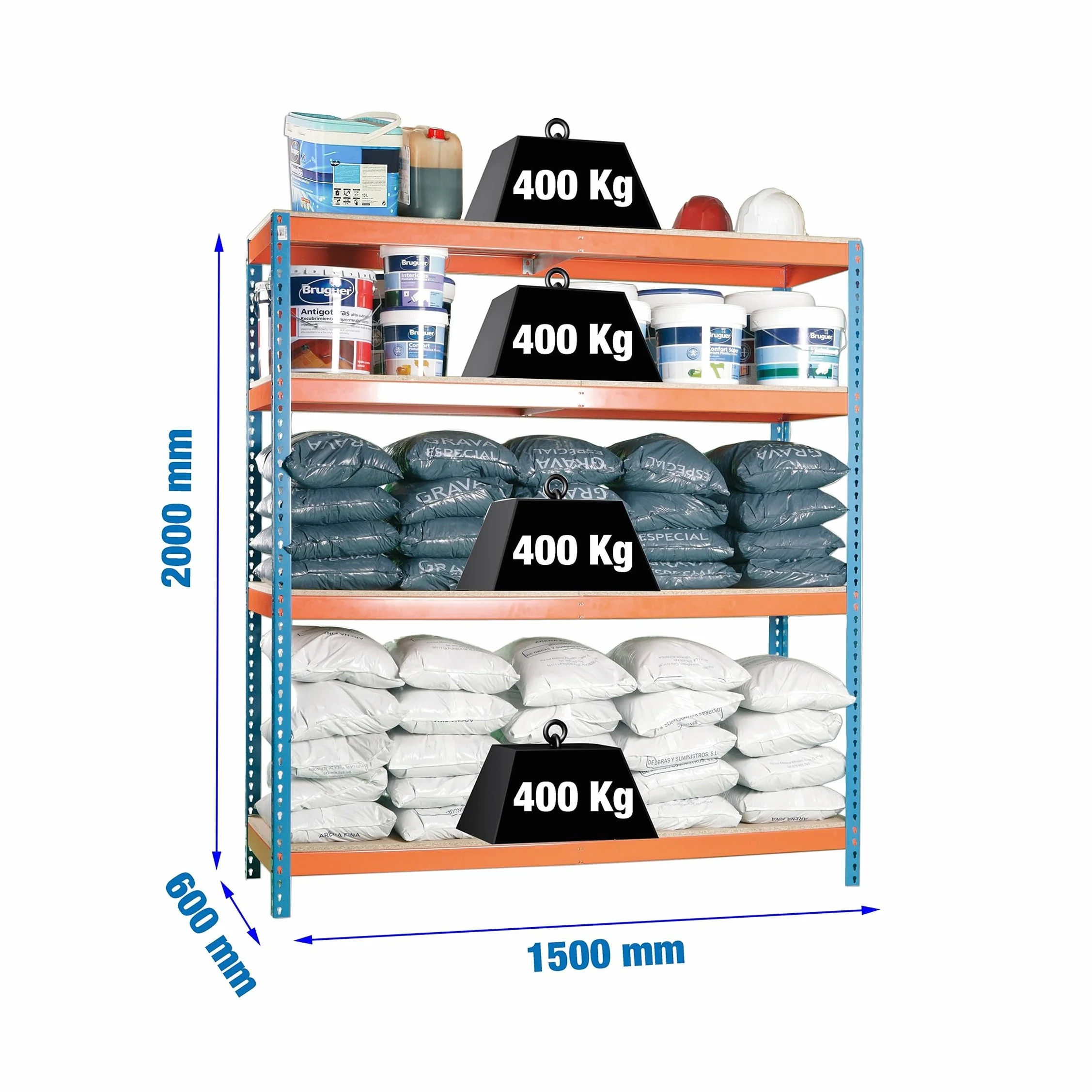Simon Rack Estanteria Industrial 2000x1500x600 mm 400 kg 4 Estantes Madera Almacenaje Metalica Azul Naranja