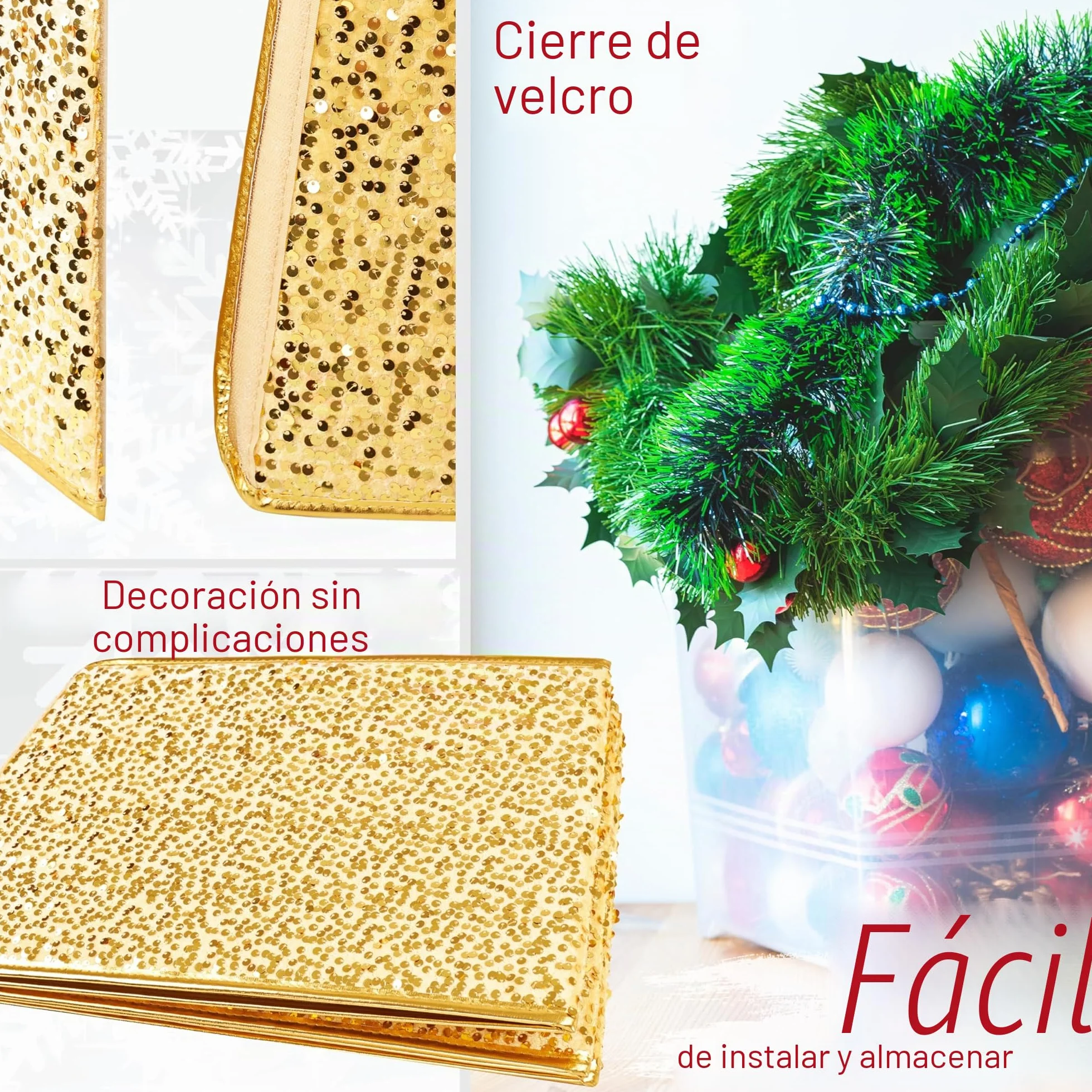 DECO EXPRESS Falda para Árbol de Navidad con Lentejuelas 68x85 cm, Cubre Árbol Hexagonal con Cierre de Velcro