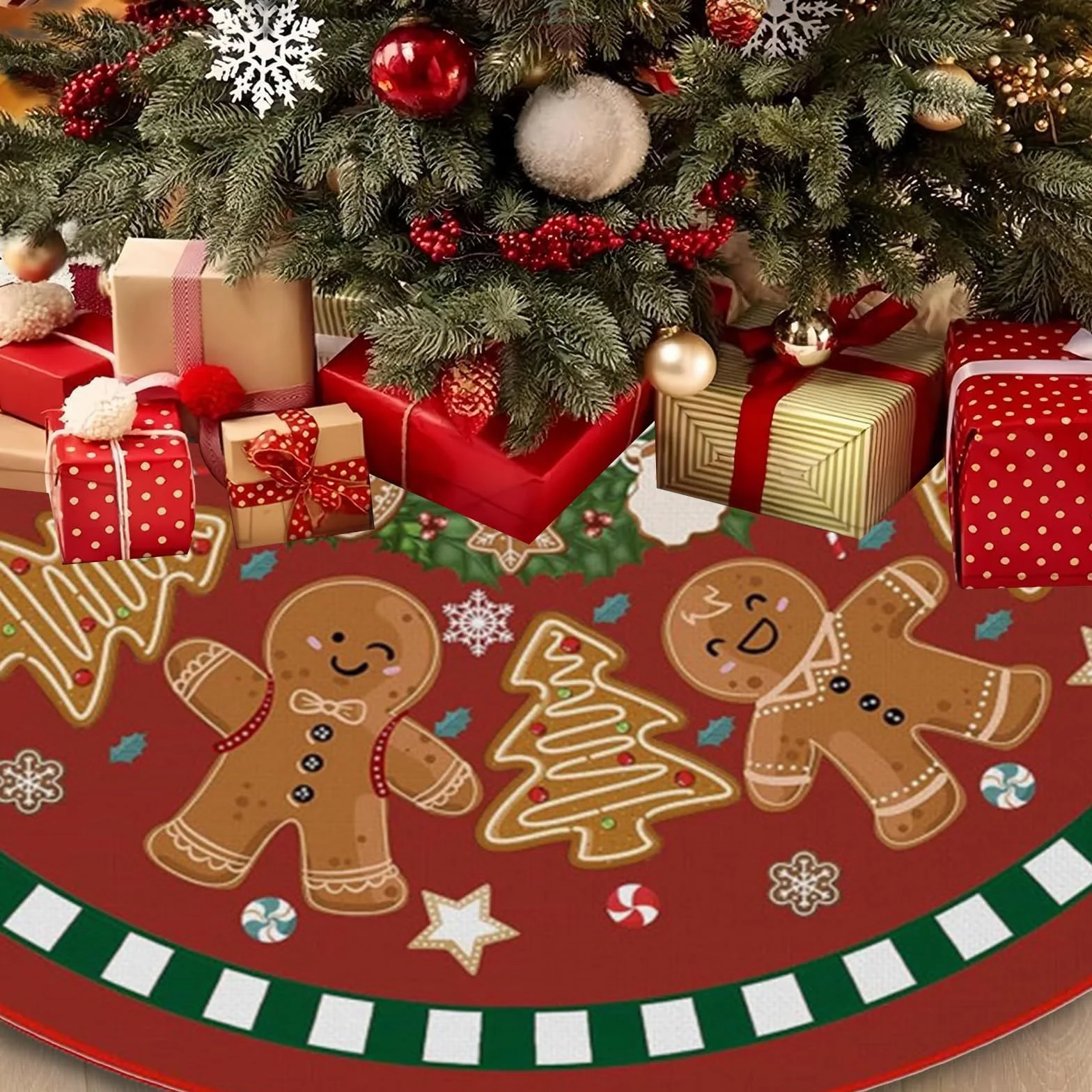 Falda de Árbol de Navidad 90cm Reno Redonda Base Manta Pie Decoración Muñecos de Jengibre
