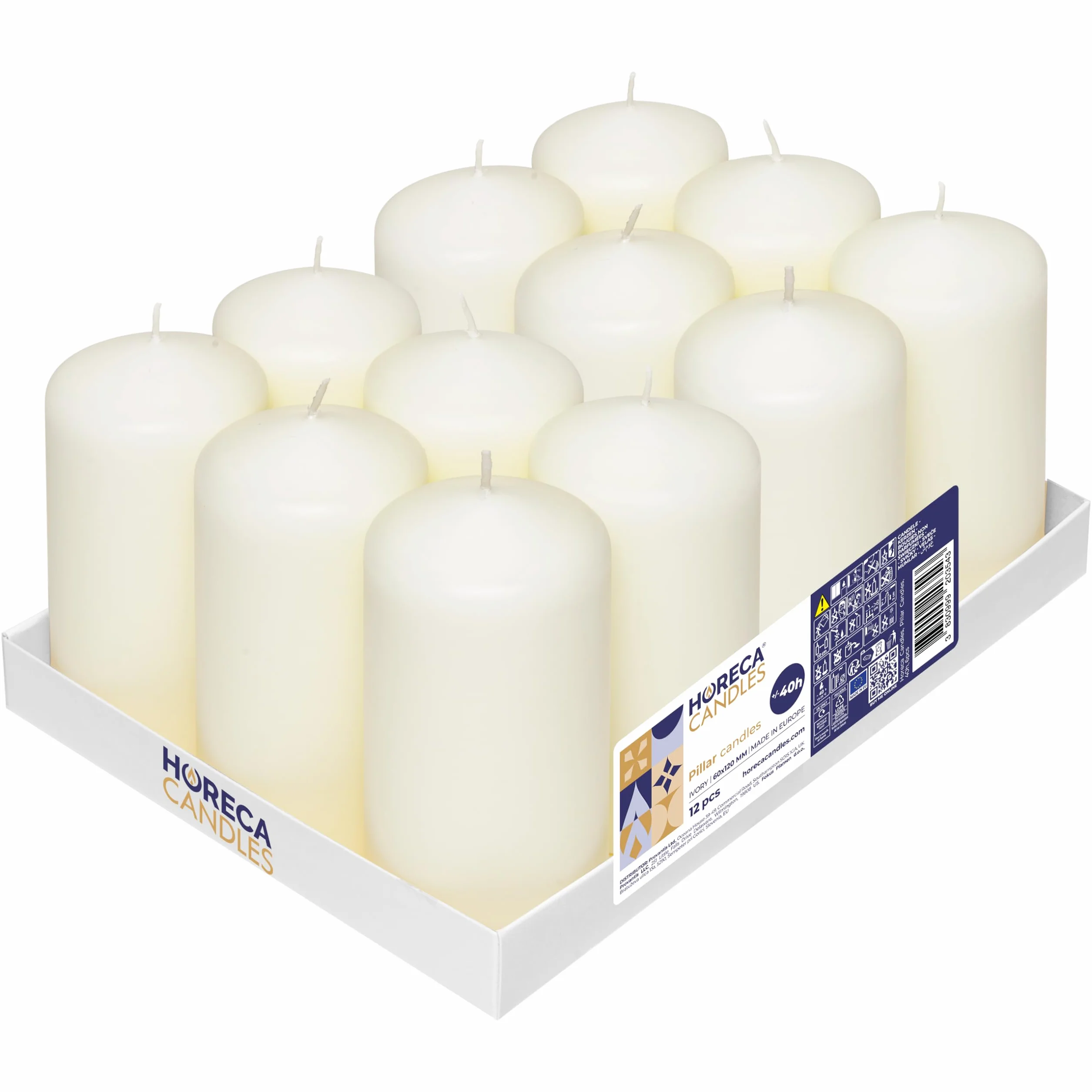 Horeca Candles - Velas de Pilar Marfil - Ø 6 x 12 cm - Juego de 12 Velones Decorativos - 40 Horas de Larga Duración - Sin Olor, Goteo ni Humo - Calidad RAL