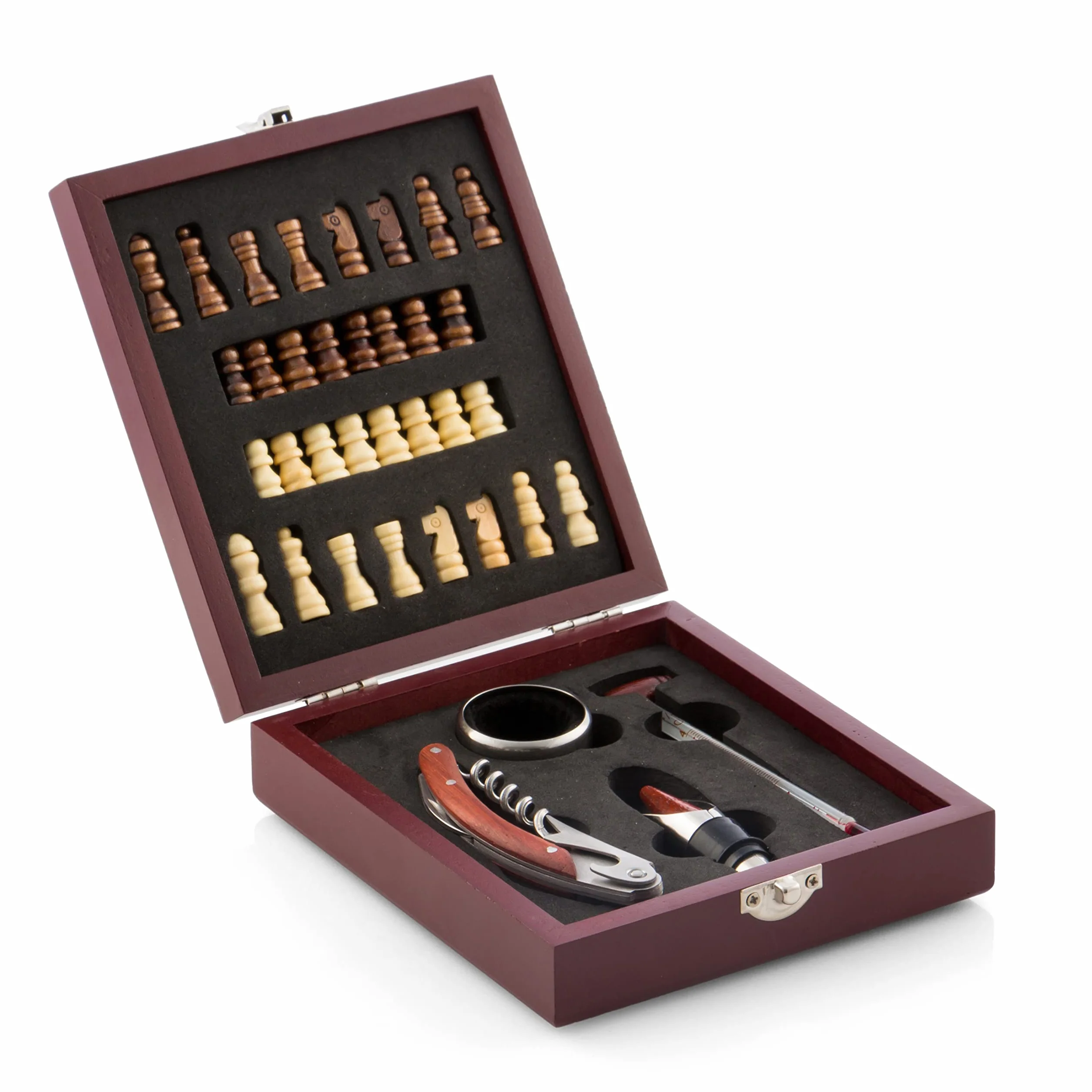 InnovaGoods Juegos de accesorios para vino 2en1 con tablero de ajedrez, sacacorchos, tapón dosificador, 32 piezas