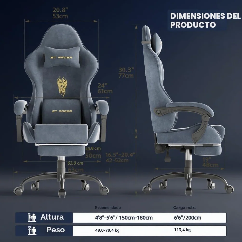 Huracan Silla de Gaming ergonómica, Terciopelo de Microfibra, Altura Regulable, reposabrazos Ajustables, Masaje, cojín Lumbar, reposapiés (Gris)
