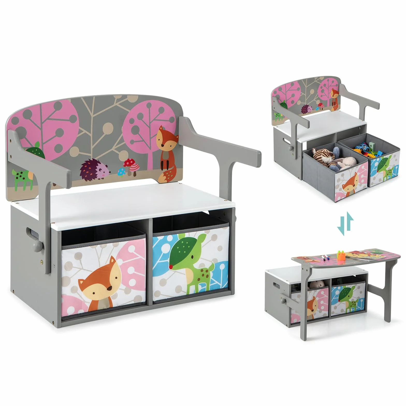 COSTWAY Mesa Infantil 3 en 1 con Banco, Banco de Actividades Convertible para Niños, Juego de Mesa y Silla para Niños con 2 Contenedores de Tela Extraíbles para Jugar a Dibujar