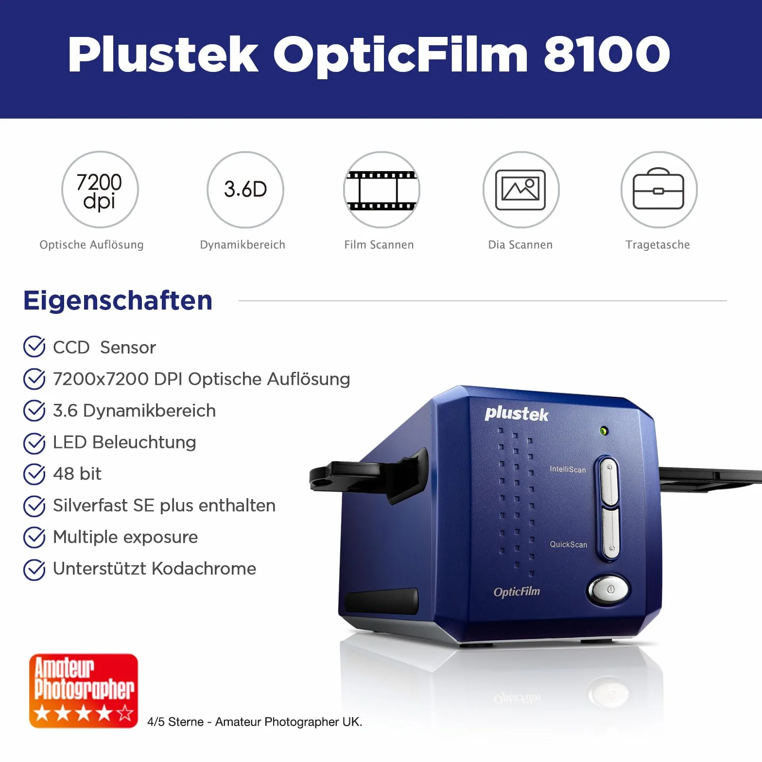 Plustek OpticFilm 8100-35mm Escáner de Negativo de Película/Diapositiva con 7200 dpi y Salida de 48-bit. Paquete Silverfast SE Plus 8, Win/Mac