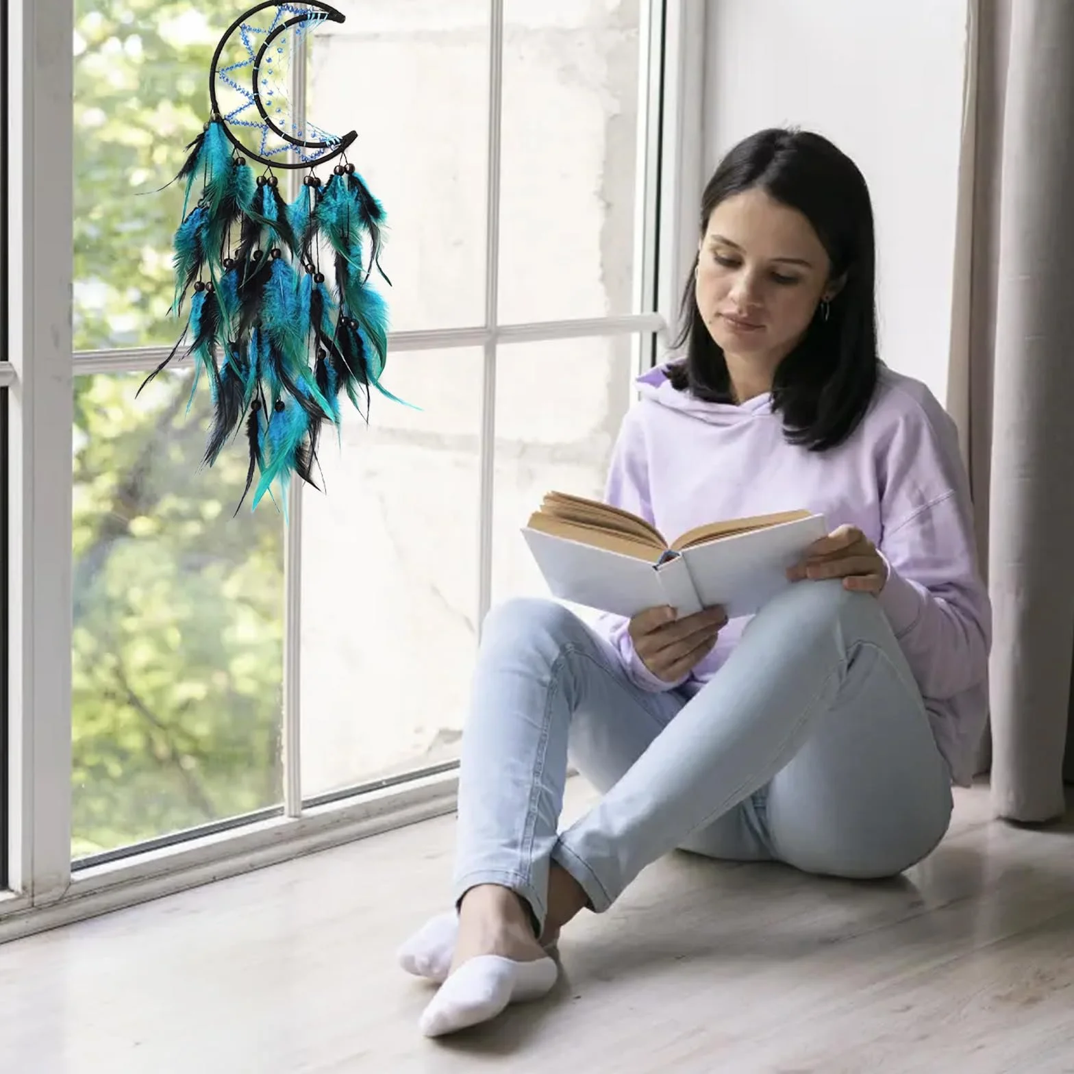 Atrapasueños de Luna Grande, Plumas Azules, Adorno de Pared, Decoración del Hogar, Hecho a Mano