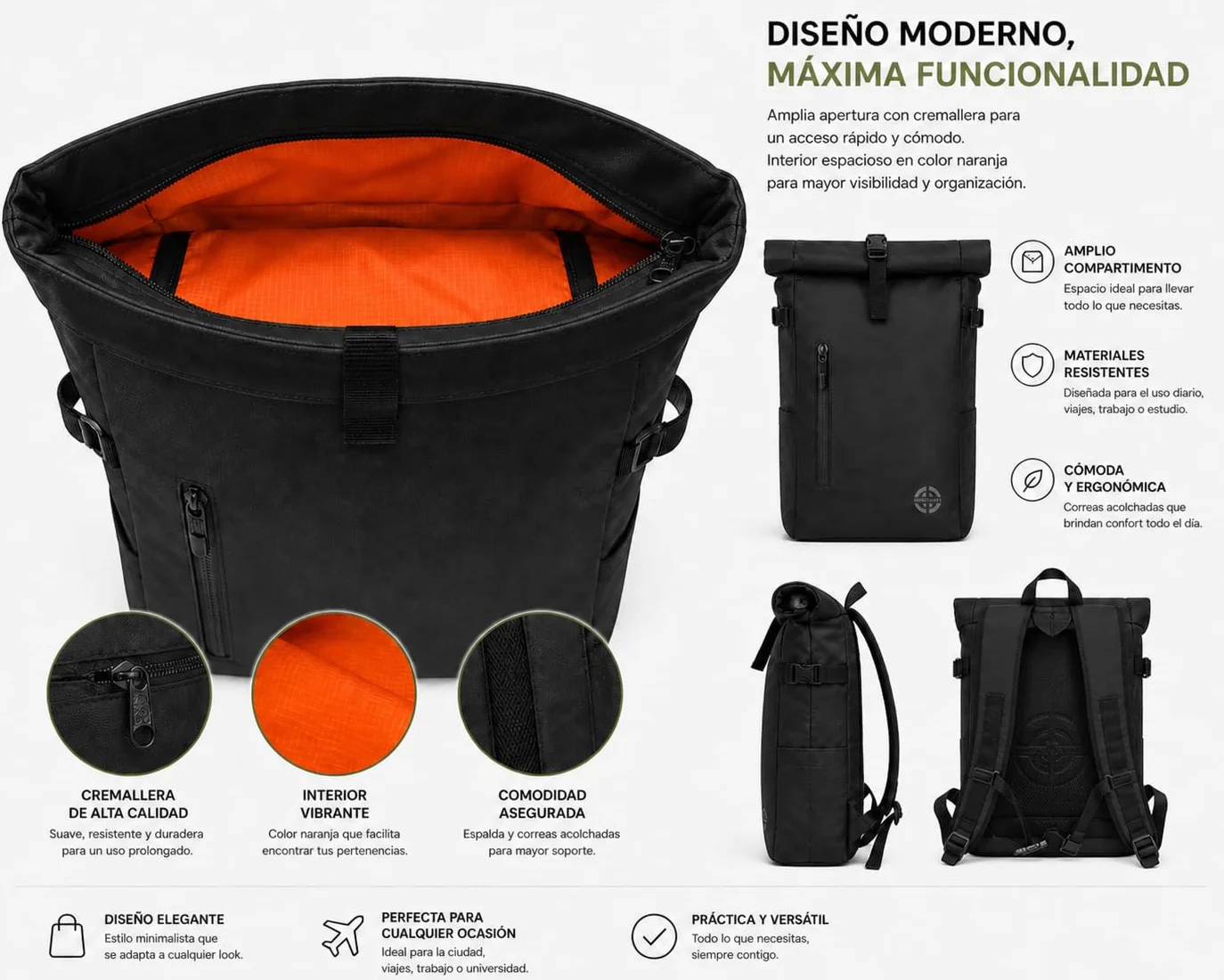 Mochila Enrollable Impermeable Rolltop Expandible 20-25L con Acceso Rápido Portátil, Casual Hombre Mujer, Ligera, Organizadores, Asa Torlley, Correas Acolchadas, Viaje, Trabajo, Universidad, Negra