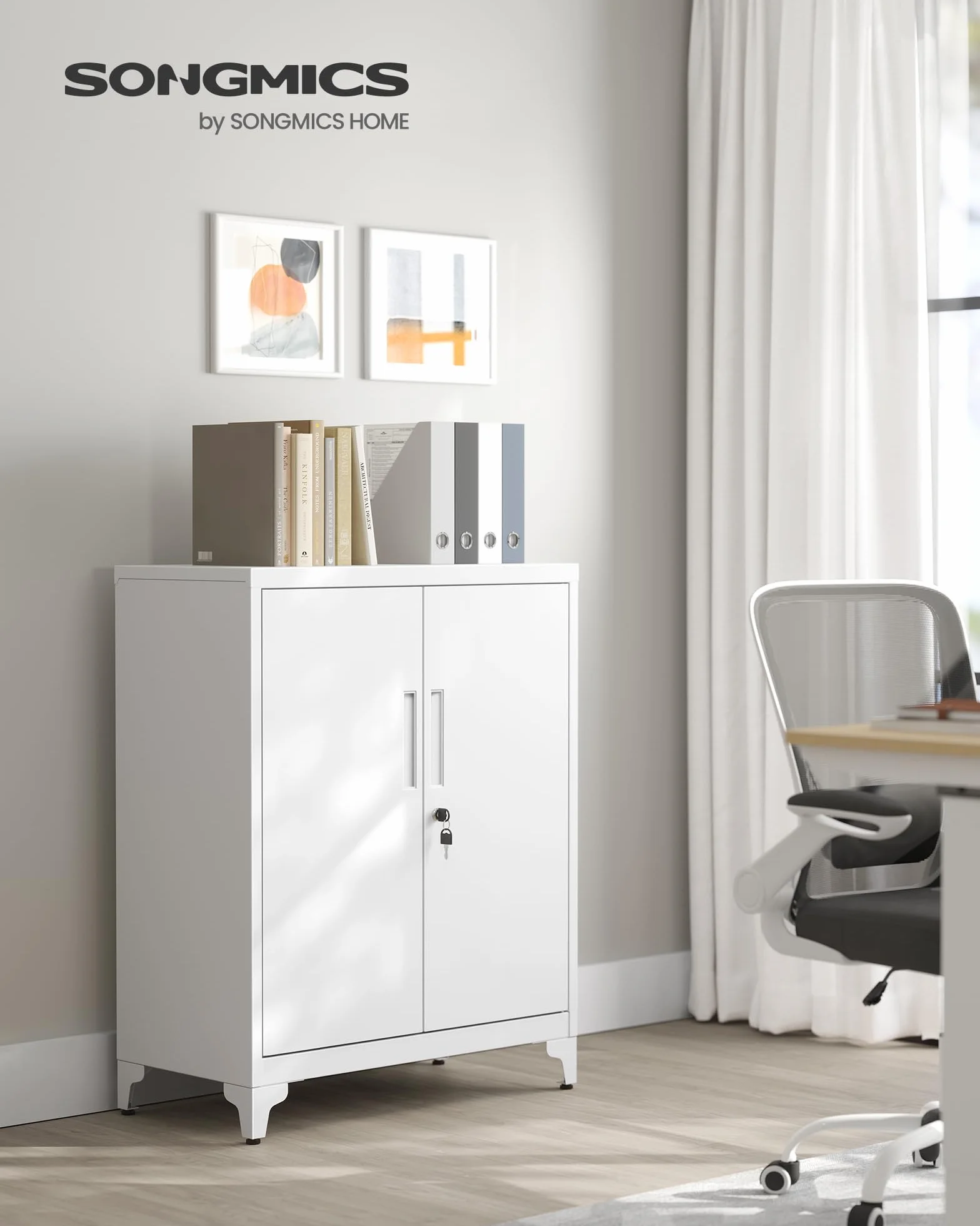 SONGMICS Archivador Oficina Armario Multifuncional 2 Puertas Cerradura Almacenamiento Acero Blanco Mate OMC013W01