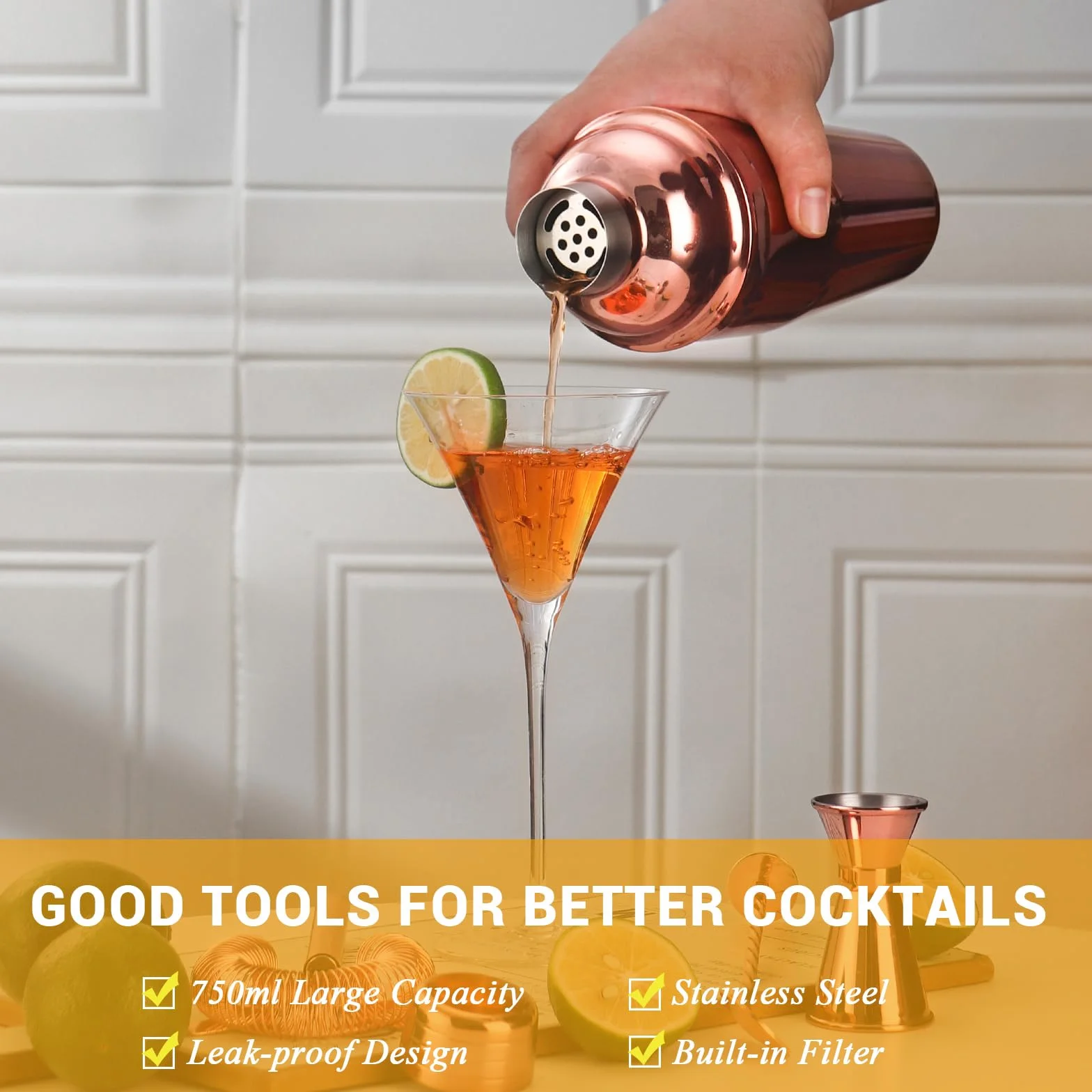 Juego de Coctelera de Acero Inoxidable con 12 Piezas, Kit de Bar Profesional (Oro Rosa)