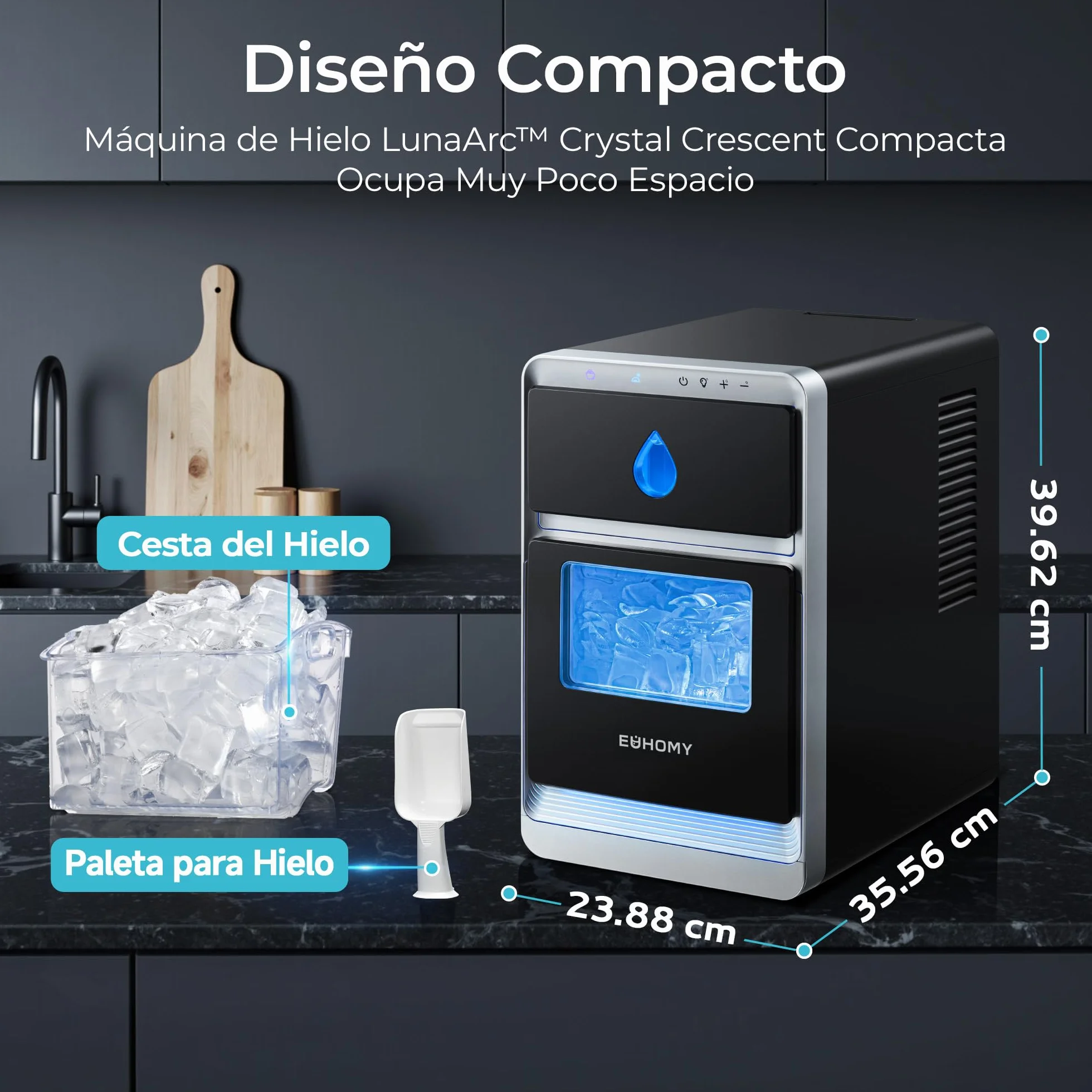 EUHOMY Maquina de Hielo, 1600 Cubos Al Día, Listo en 12 Min, Limpieza Automática, Negra