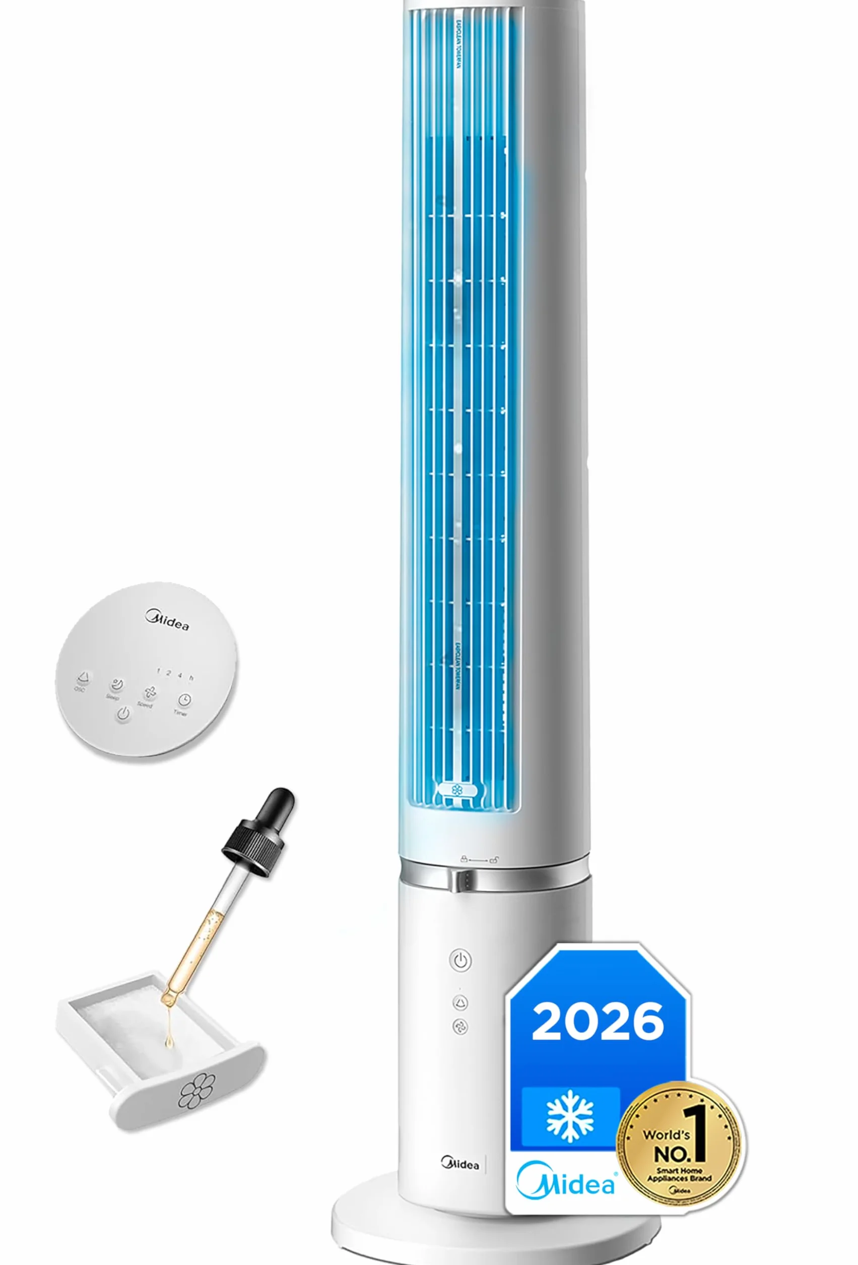 Midea Ventilador Torre con Mando a Distancia de 4 Velocidades - Ventilador de Torre Silencioso con Oscilación 90º, Temporizador 7h, Distancia 9m/s, 2 Modos, con Caja de Aromaterapia y Modo Sleep