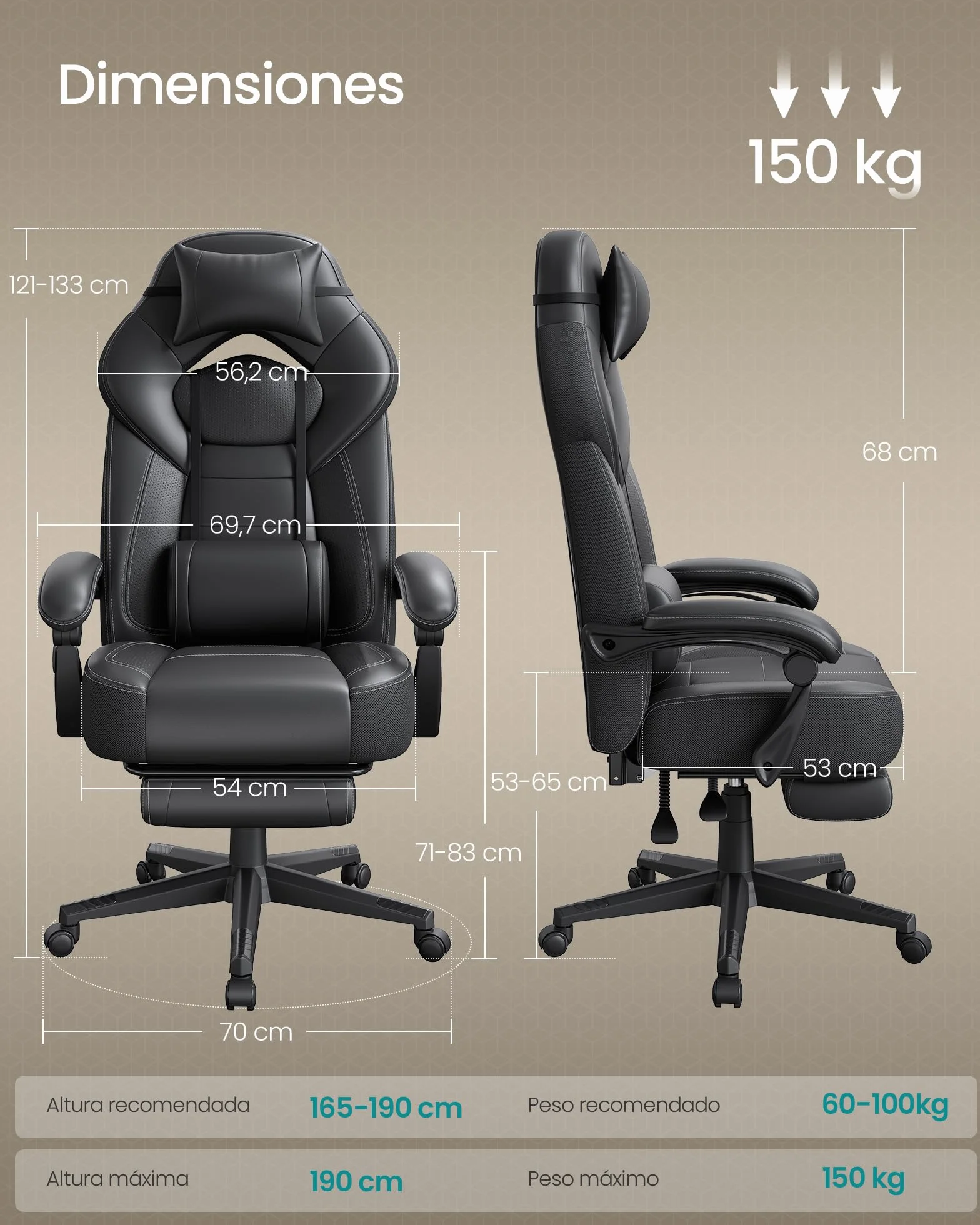 SONGMICS Silla Gaming Ergonómica con Reposapiés y Reposacabezas Ajustable, 150 kg, Negro