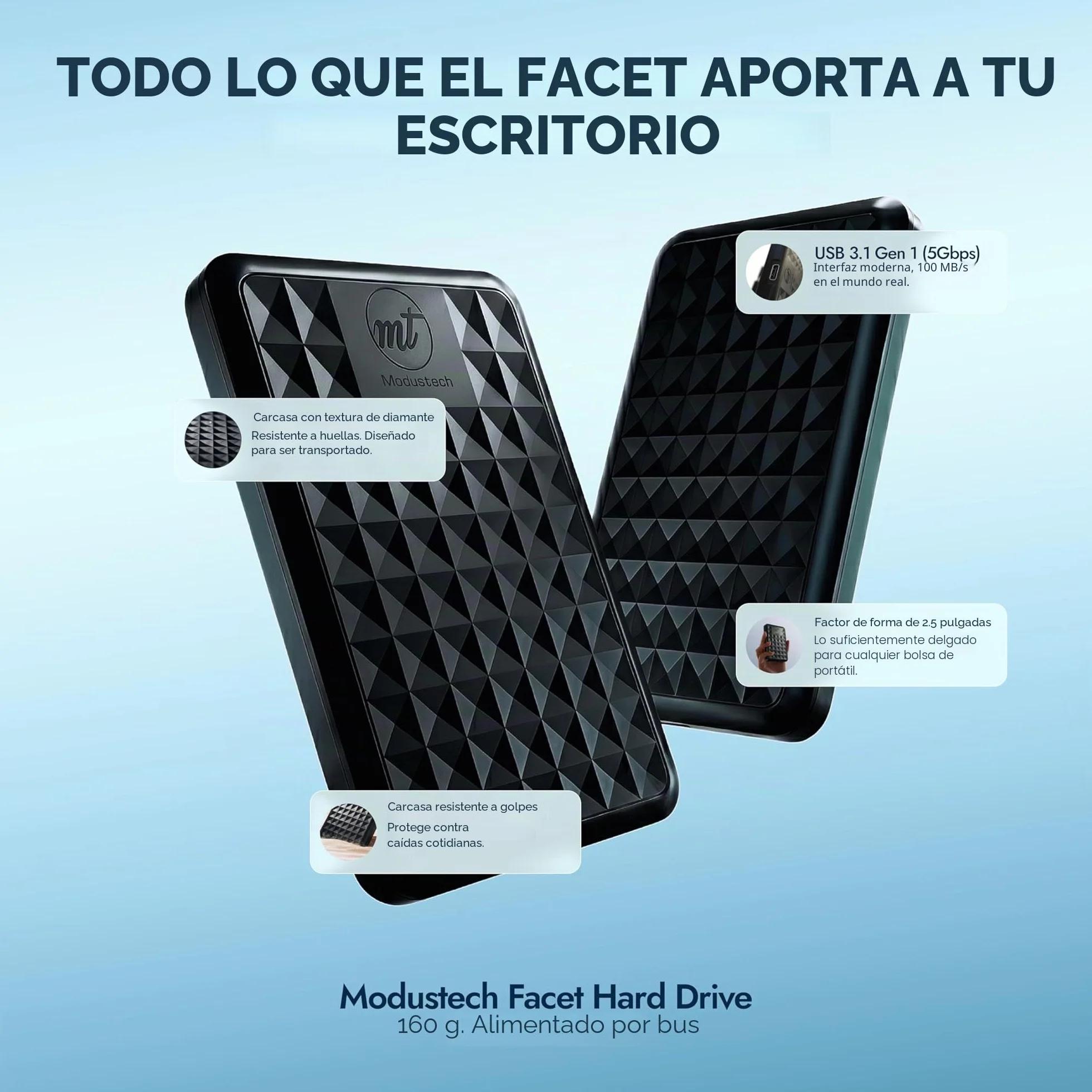 ModusTech Facet 1TB Disco Duro Externo Portátil USB-C/USB 3.1 — HDD Fino de 2,5 Pulgadas para Copias de Seguridad, Gaming, PC, Mac, Portátil, PS4, Xbox, Smart TV (Negro)