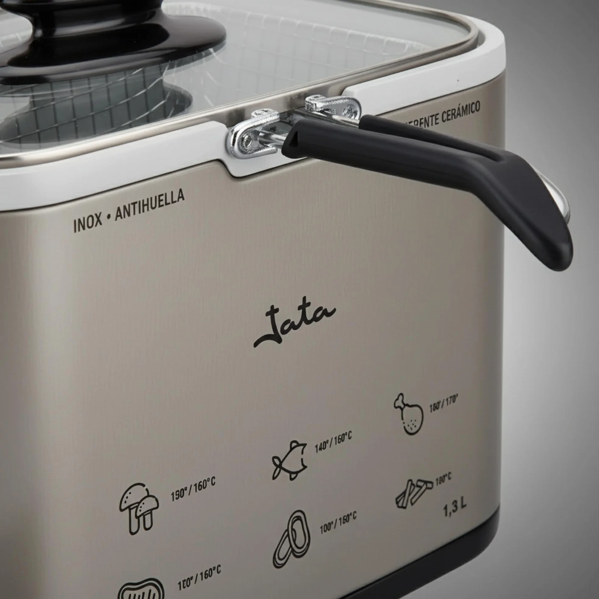 JATA FR326E Freidora de Aceite Inox 1.3L, Freidora Eléctrica con Cuba Cerámica Antiadherente, Termostato Regulable